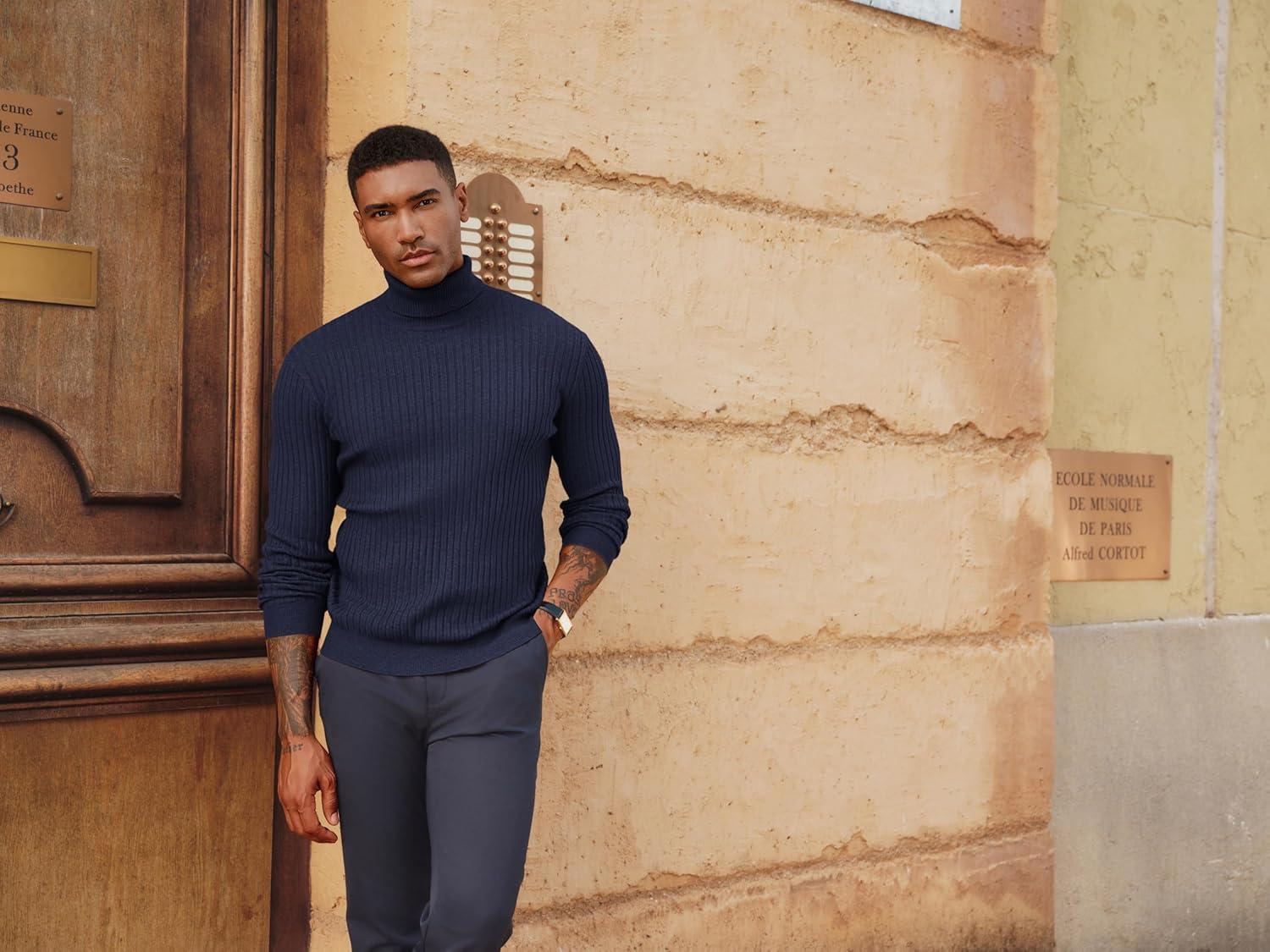 imagePJ PAUL JONES Mens Slim Fit Turtleneck Sweater Casual Ribbed Knitted Pullover SweatersNavy Blue