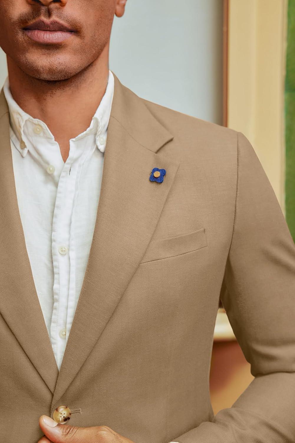 imagePJ PAUL JONES Mens Sport Coats and Blazers Linen Cotton Blazer Regular Fit 2 Buttons Suit Jacket with Removable BroochKhaki