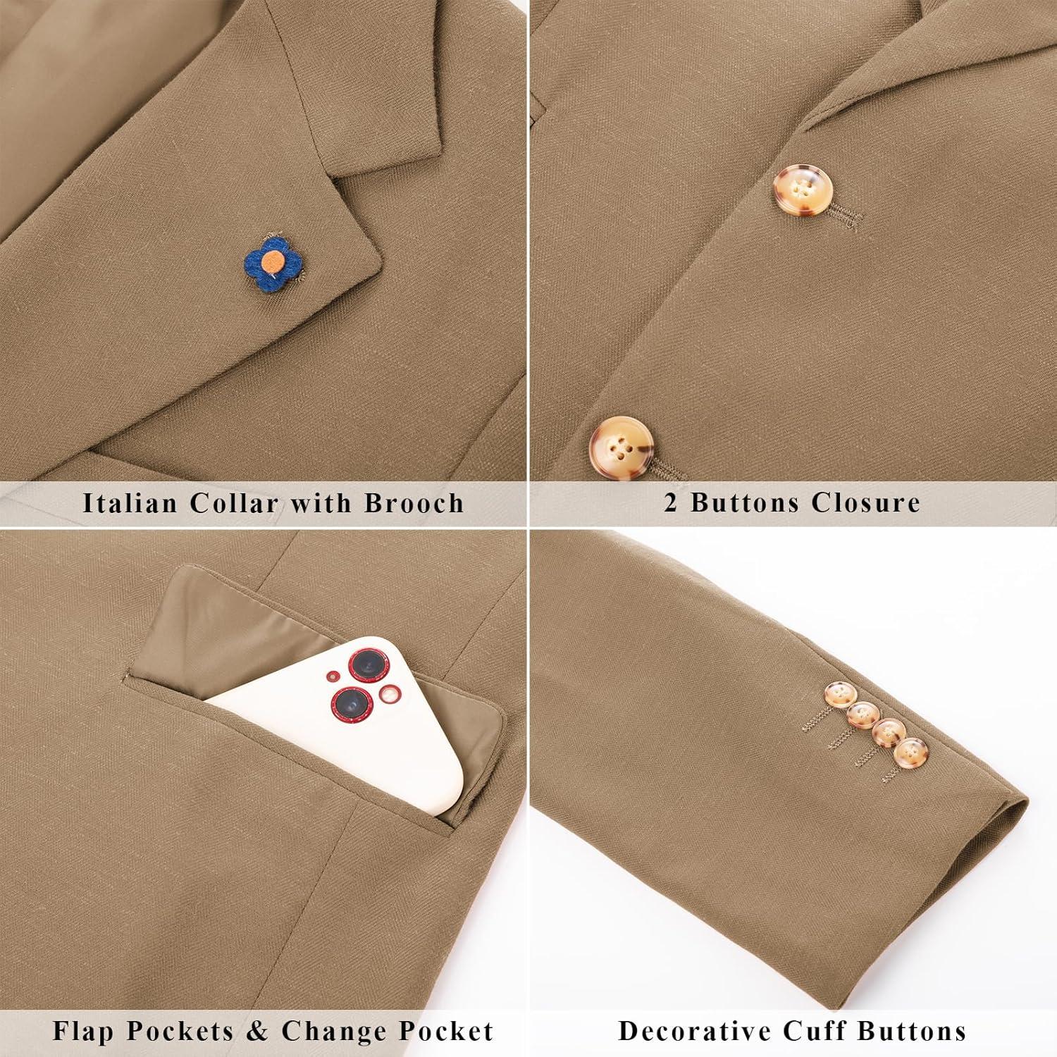 imagePJ PAUL JONES Mens Sport Coats and Blazers Linen Cotton Blazer Regular Fit 2 Buttons Suit Jacket with Removable BroochKhaki