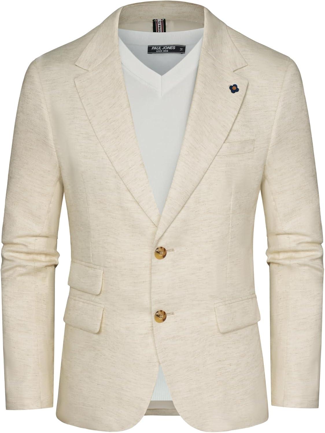 imagePJ PAUL JONES Mens Sport Coats and Blazers Linen Cotton Blazer Regular Fit 2 Buttons Suit Jacket with Removable BroochLinen