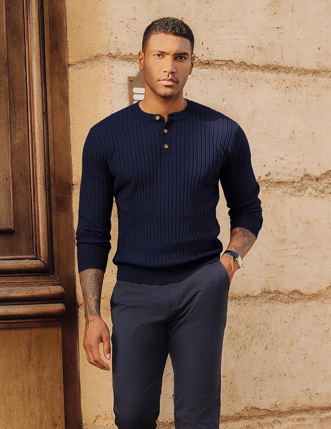 imagePJ PAUL JONES Mens Sweater Casual Henley Pullover Cable Knitted SweaterNavy Blue