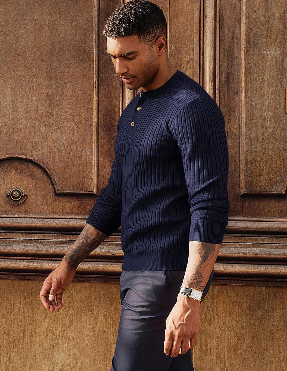 imagePJ PAUL JONES Mens Sweater Casual Henley Pullover Cable Knitted SweaterNavy Blue