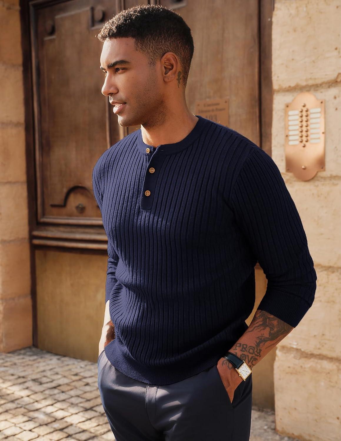 imagePJ PAUL JONES Mens Sweater Casual Henley Pullover Cable Knitted SweaterNavy Blue