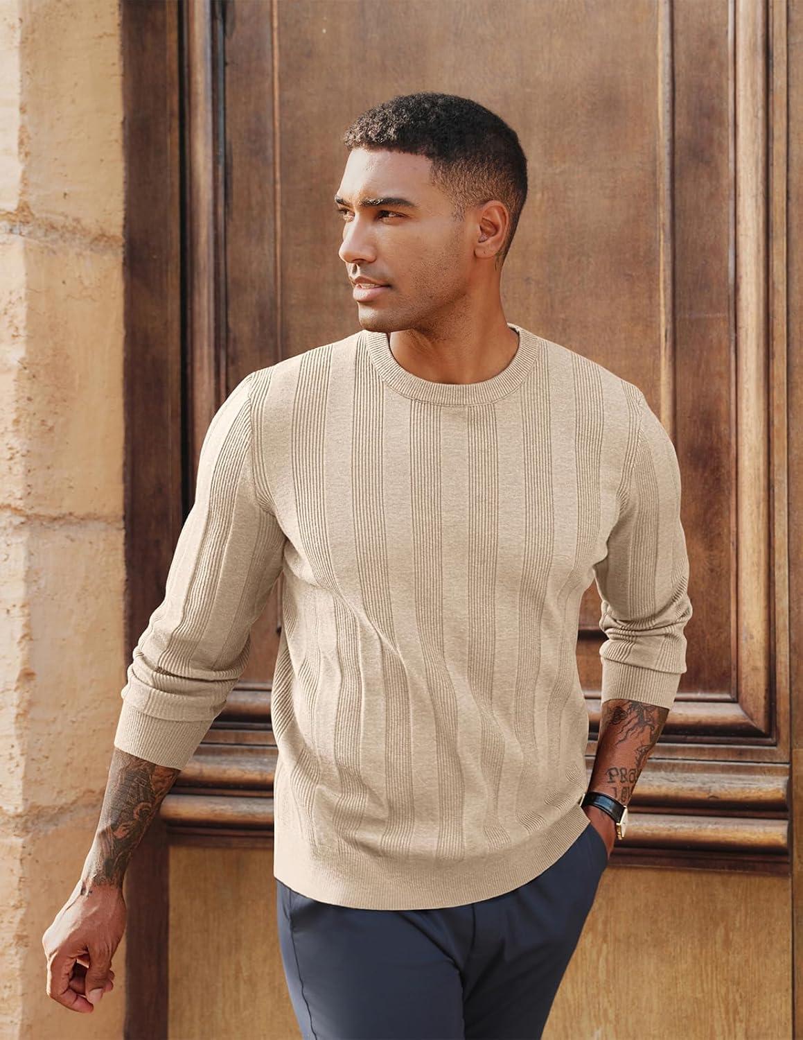 imagePJ PAUL JONES Mens Sweater Crew Neck Textured Long Sleeve Knitted Pullover SweatersApricot