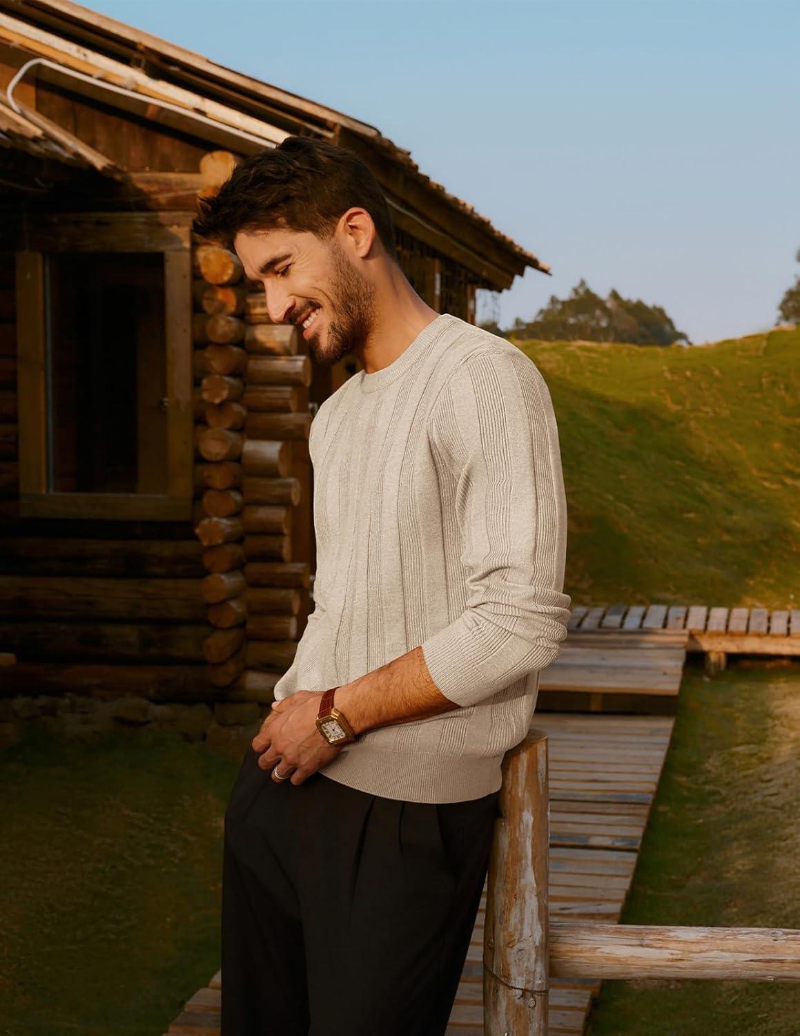 imagePJ PAUL JONES Mens Sweater Crew Neck Textured Long Sleeve Knitted Pullover SweatersApricot