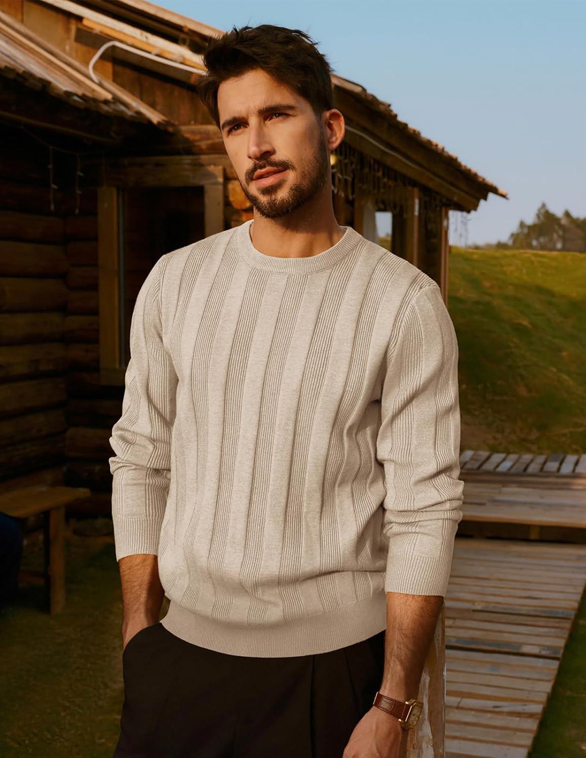 imagePJ PAUL JONES Mens Sweater Crew Neck Textured Long Sleeve Knitted Pullover SweatersApricot