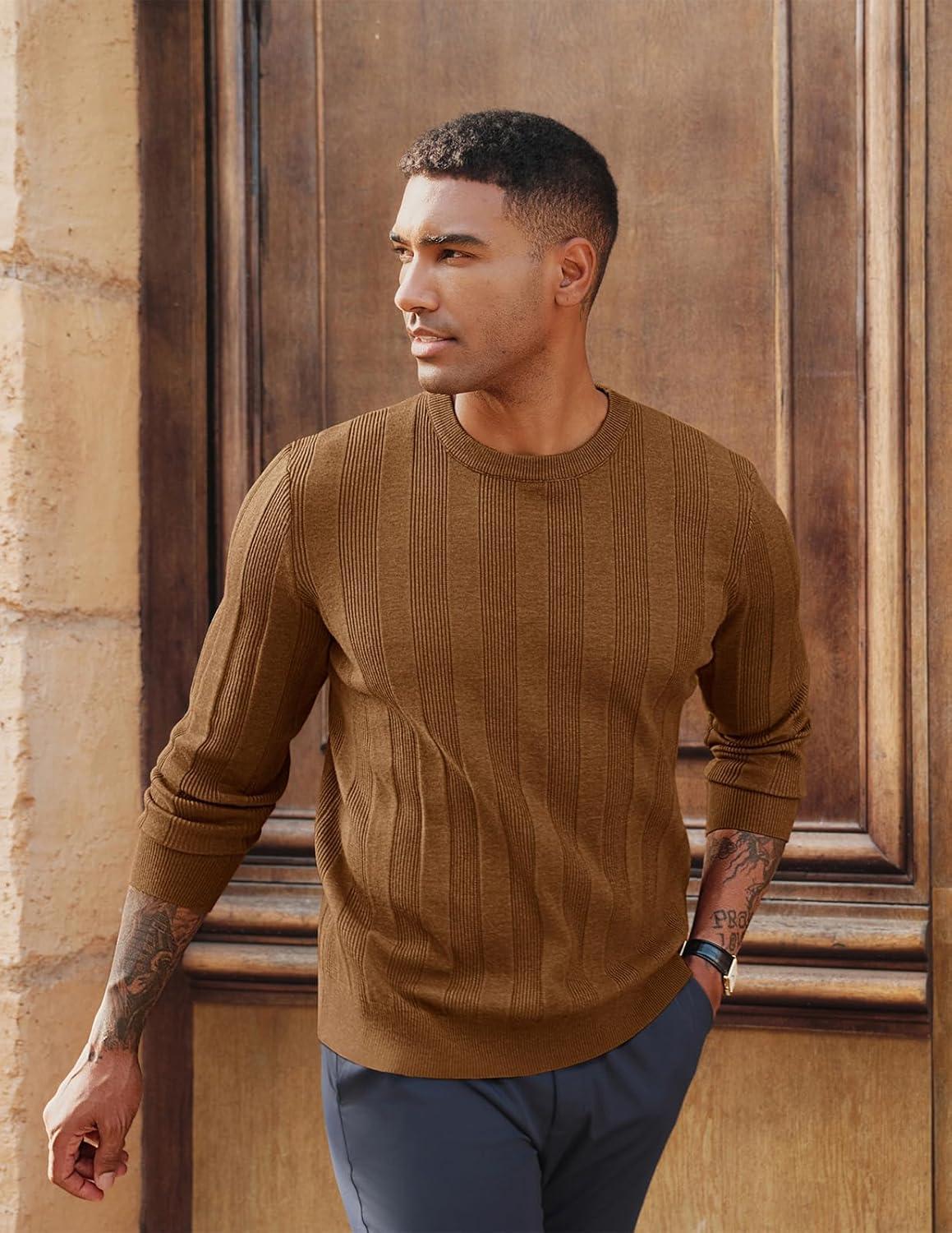 imagePJ PAUL JONES Mens Sweater Crew Neck Textured Long Sleeve Knitted Pullover SweatersCoffee