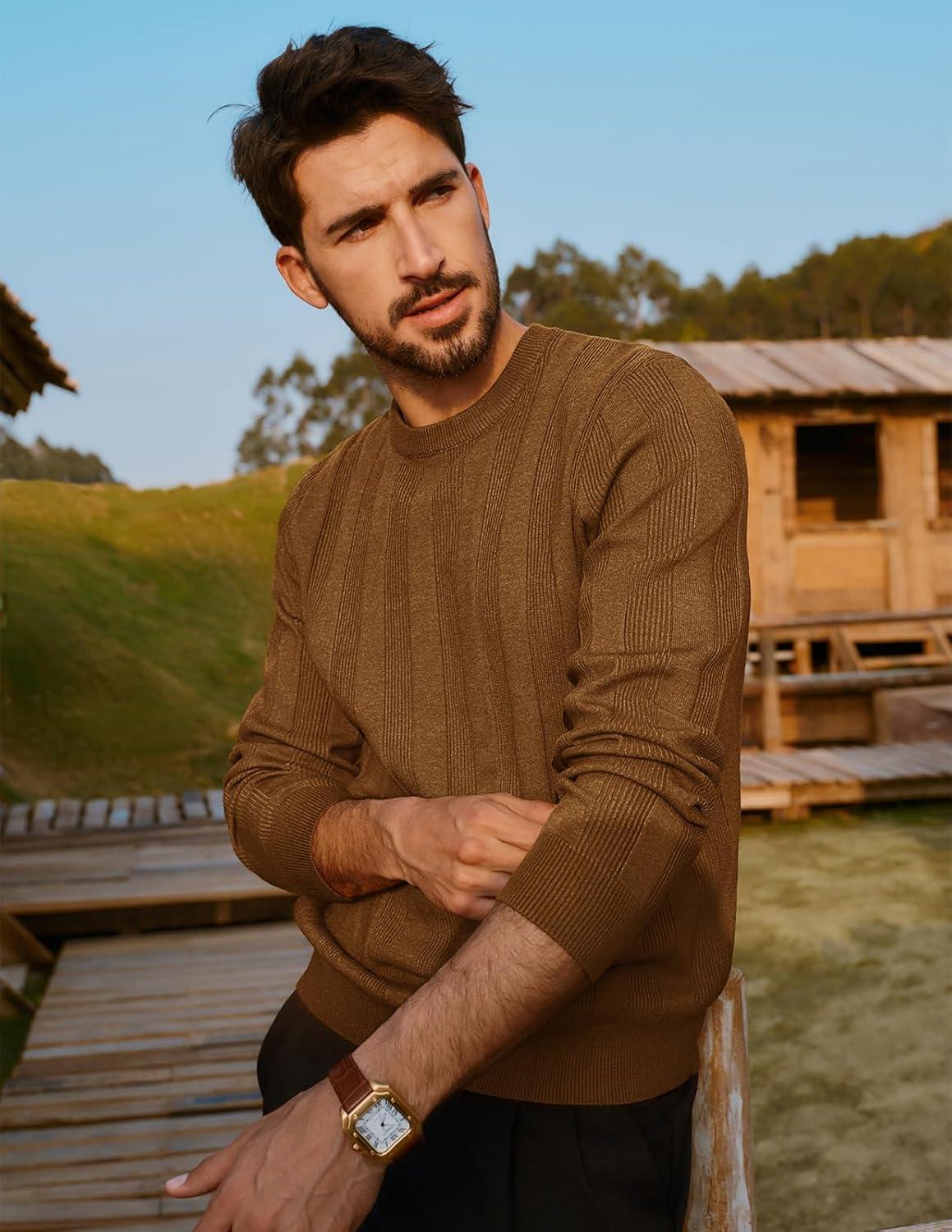 imagePJ PAUL JONES Mens Sweater Crew Neck Textured Long Sleeve Knitted Pullover SweatersCoffee