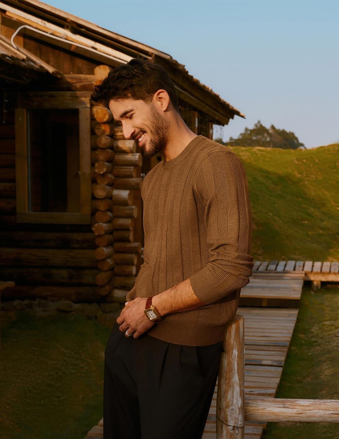 imagePJ PAUL JONES Mens Sweater Crew Neck Textured Long Sleeve Knitted Pullover SweatersCoffee