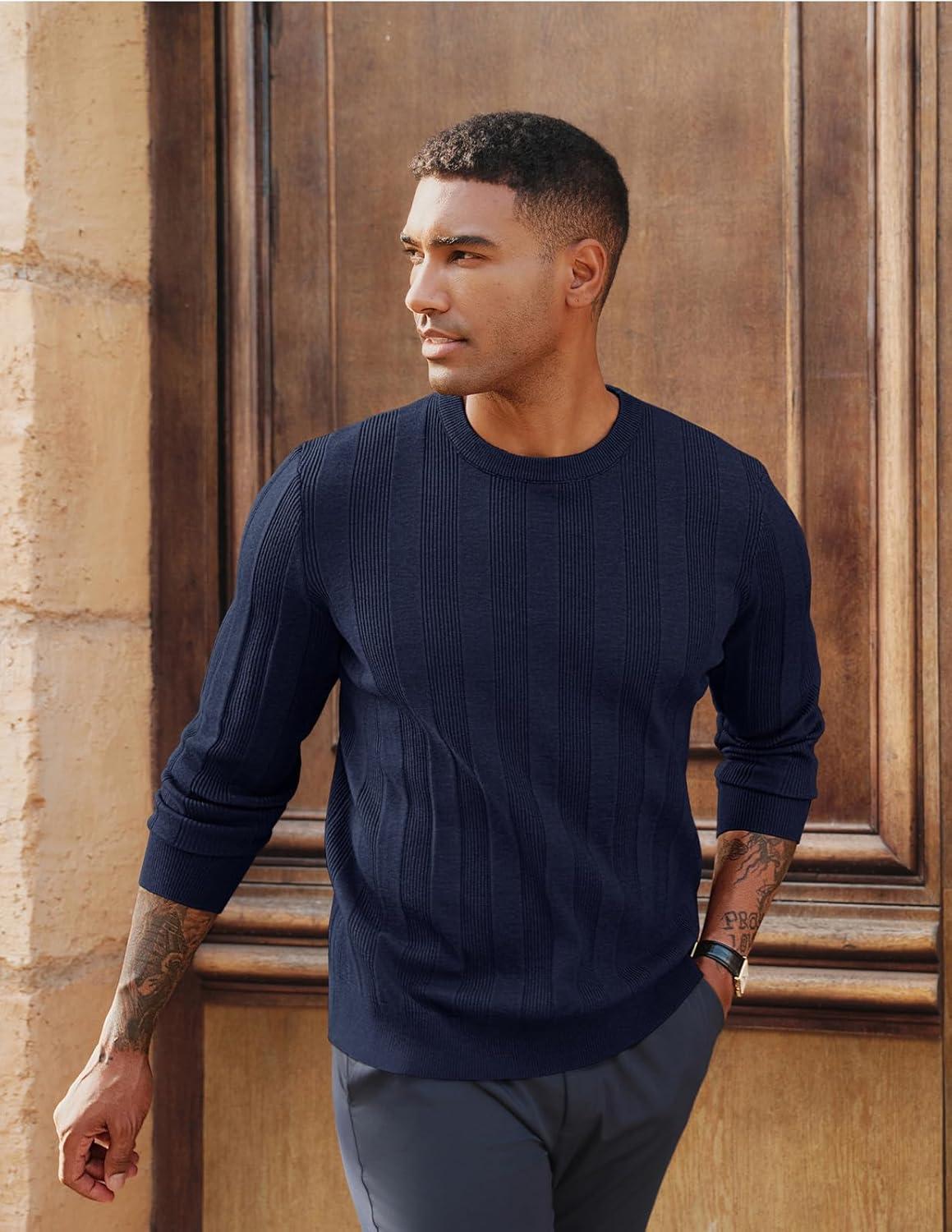 imagePJ PAUL JONES Mens Sweater Crew Neck Textured Long Sleeve Knitted Pullover SweatersNavy Blue