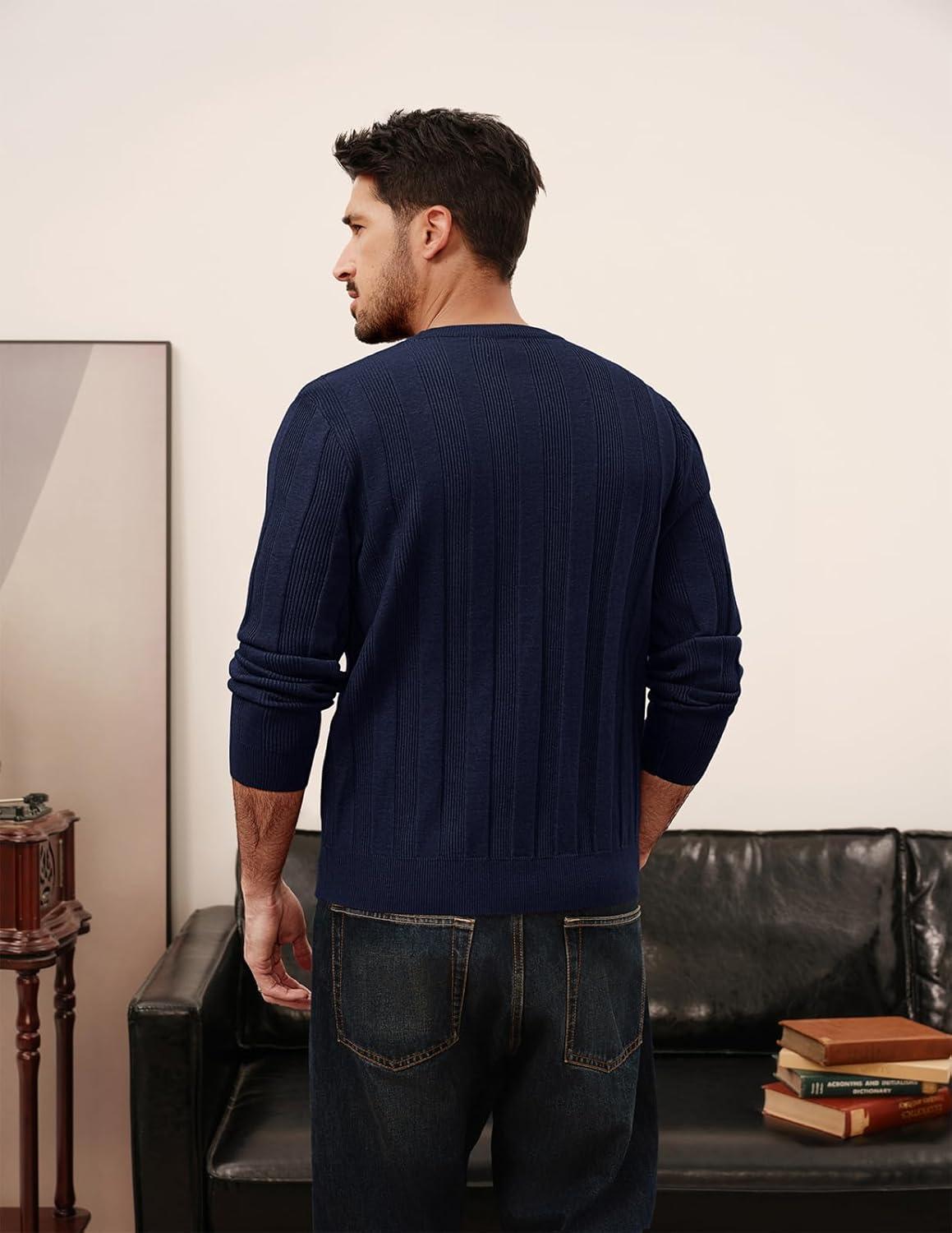 imagePJ PAUL JONES Mens Sweater Crew Neck Textured Long Sleeve Knitted Pullover SweatersNavy Blue