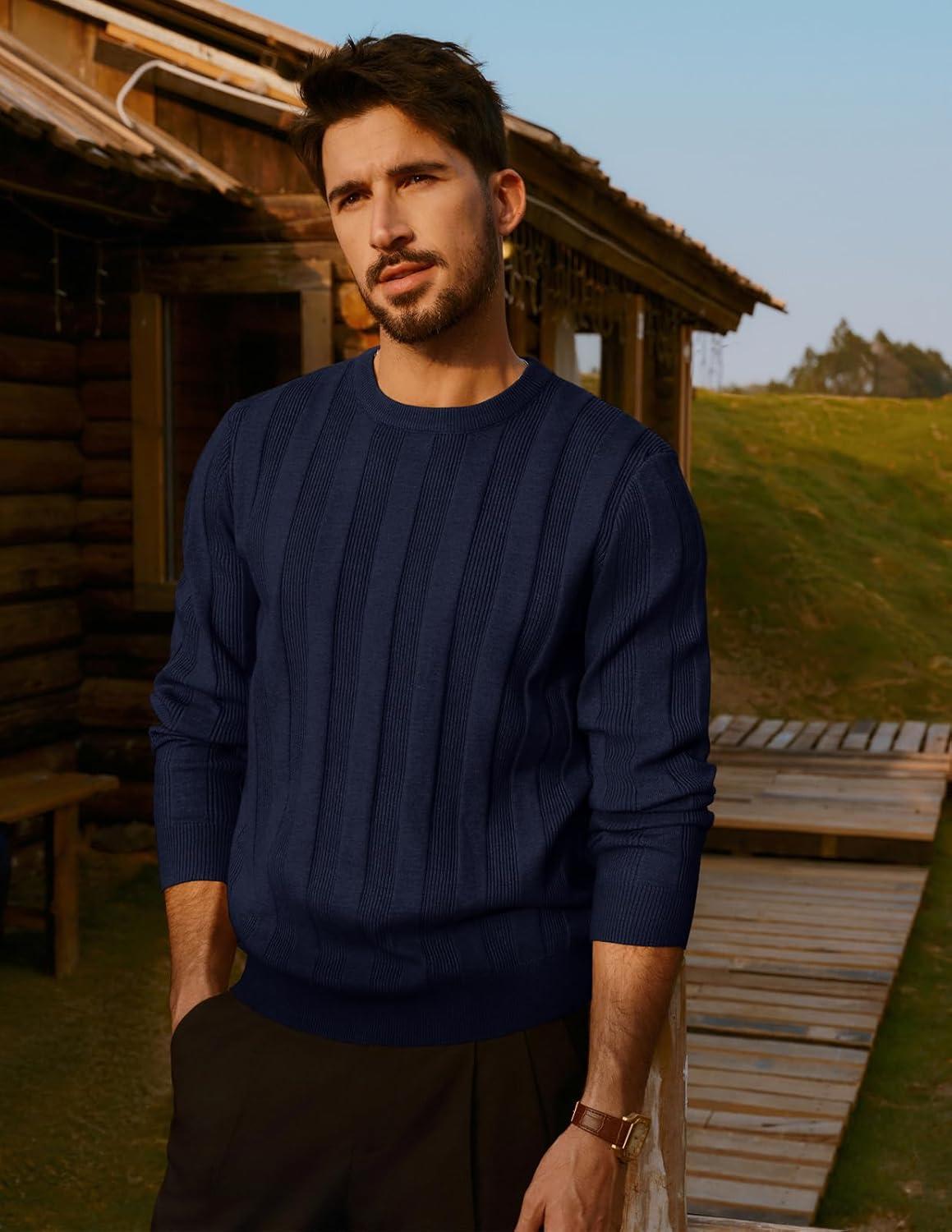 imagePJ PAUL JONES Mens Sweater Crew Neck Textured Long Sleeve Knitted Pullover SweatersNavy Blue