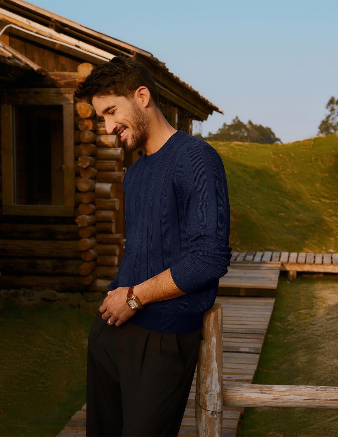 imagePJ PAUL JONES Mens Sweater Crew Neck Textured Long Sleeve Knitted Pullover SweatersNavy Blue