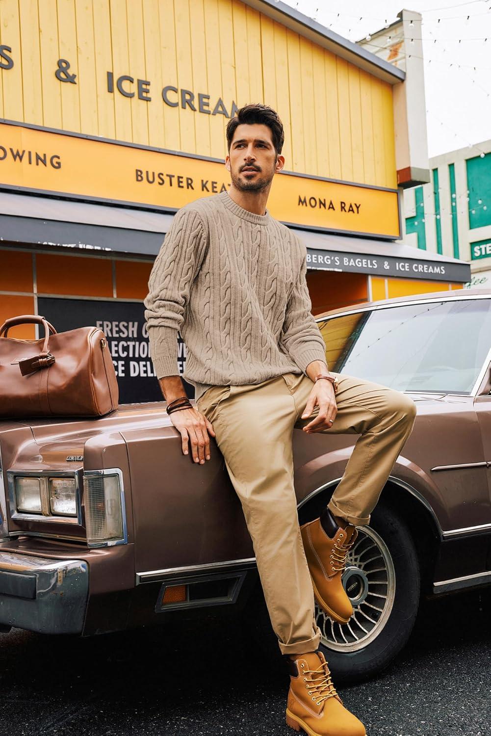 imagePJ PAUL JONES Mens Sweater Crewneck Cable Knit Pullover Sweater Casual Twist Textured SweatersBeige