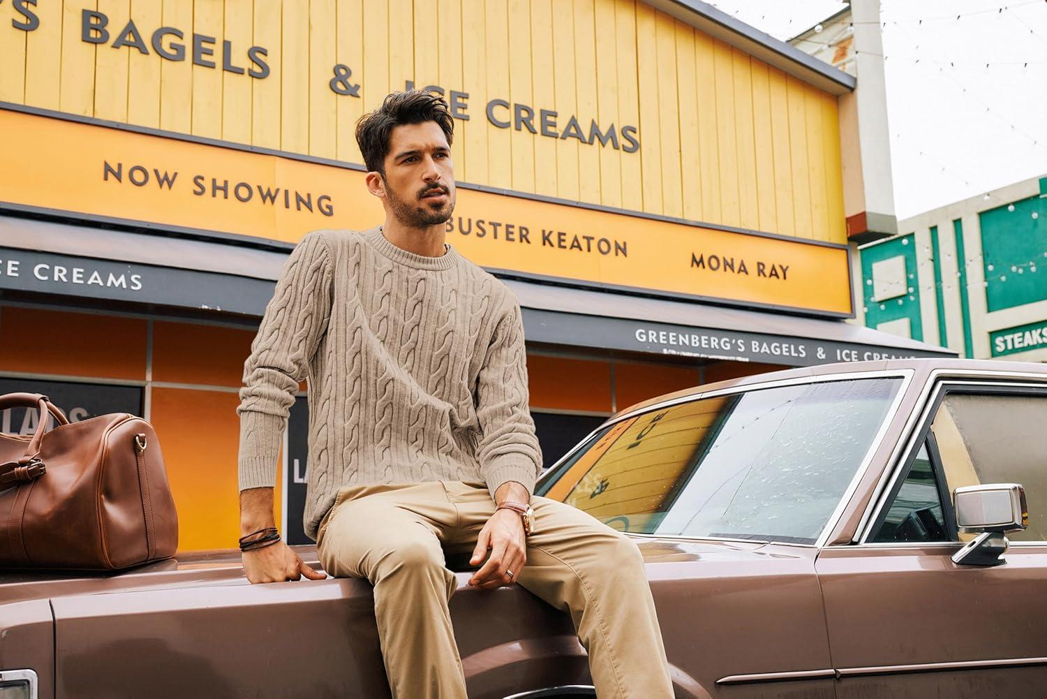 imagePJ PAUL JONES Mens Sweater Crewneck Cable Knit Pullover Sweater Casual Twist Textured SweatersBeige