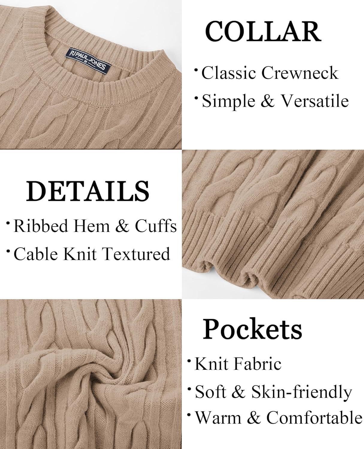 imagePJ PAUL JONES Mens Sweater Crewneck Cable Knit Pullover Sweater Casual Twist Textured SweatersBeige