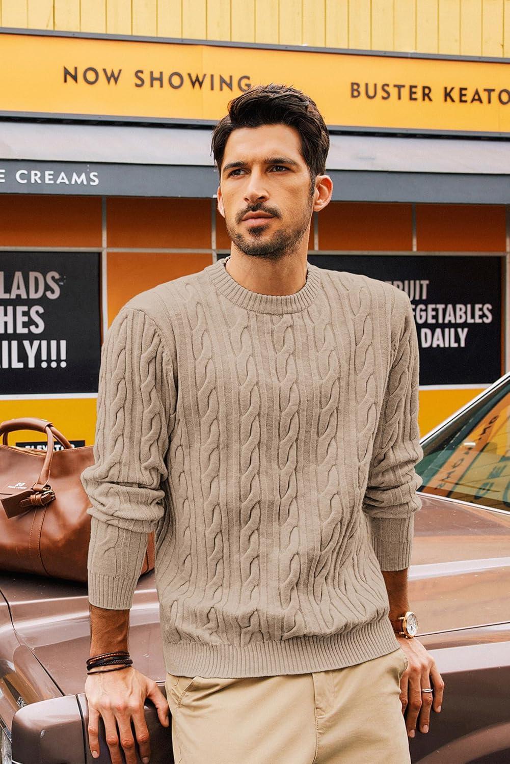 imagePJ PAUL JONES Mens Sweater Crewneck Cable Knit Pullover Sweater Casual Twist Textured SweatersBeige