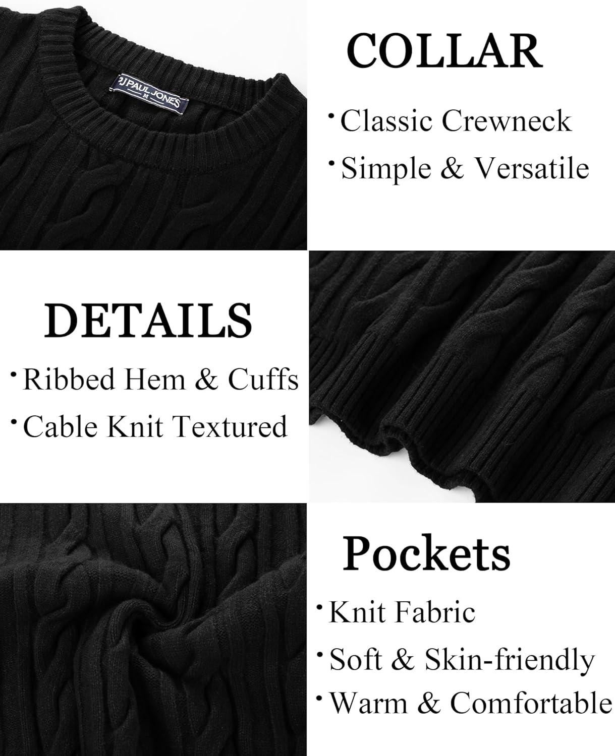 imagePJ PAUL JONES Mens Sweater Crewneck Cable Knit Pullover Sweater Casual Twist Textured SweatersBlack
