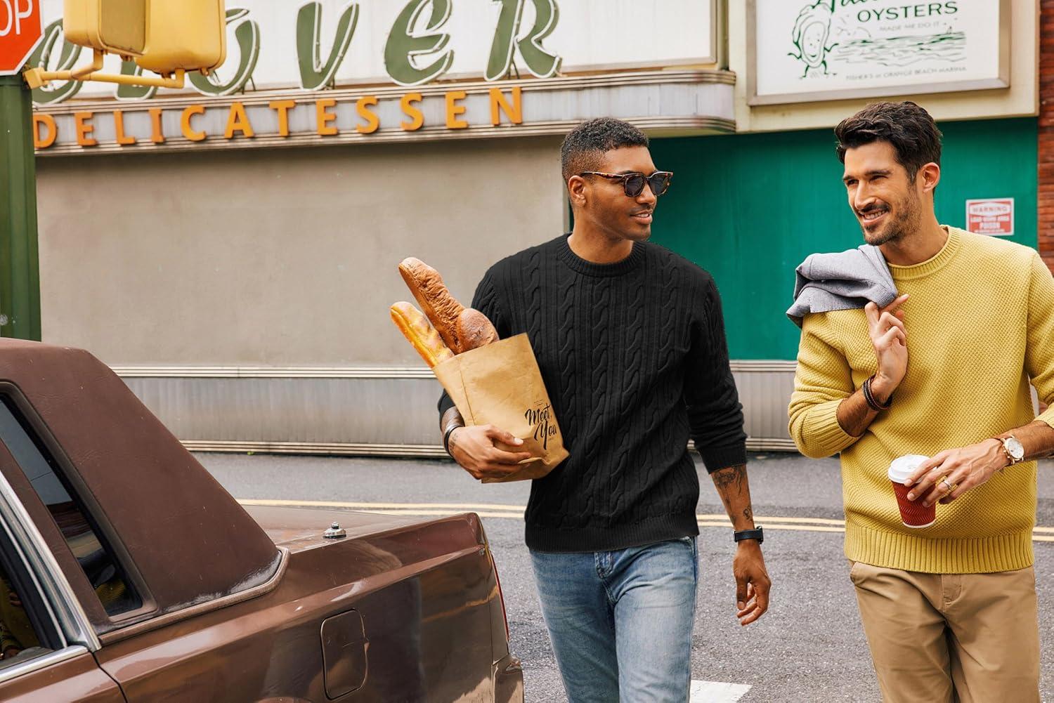 imagePJ PAUL JONES Mens Sweater Crewneck Cable Knit Pullover Sweater Casual Twist Textured SweatersBlack