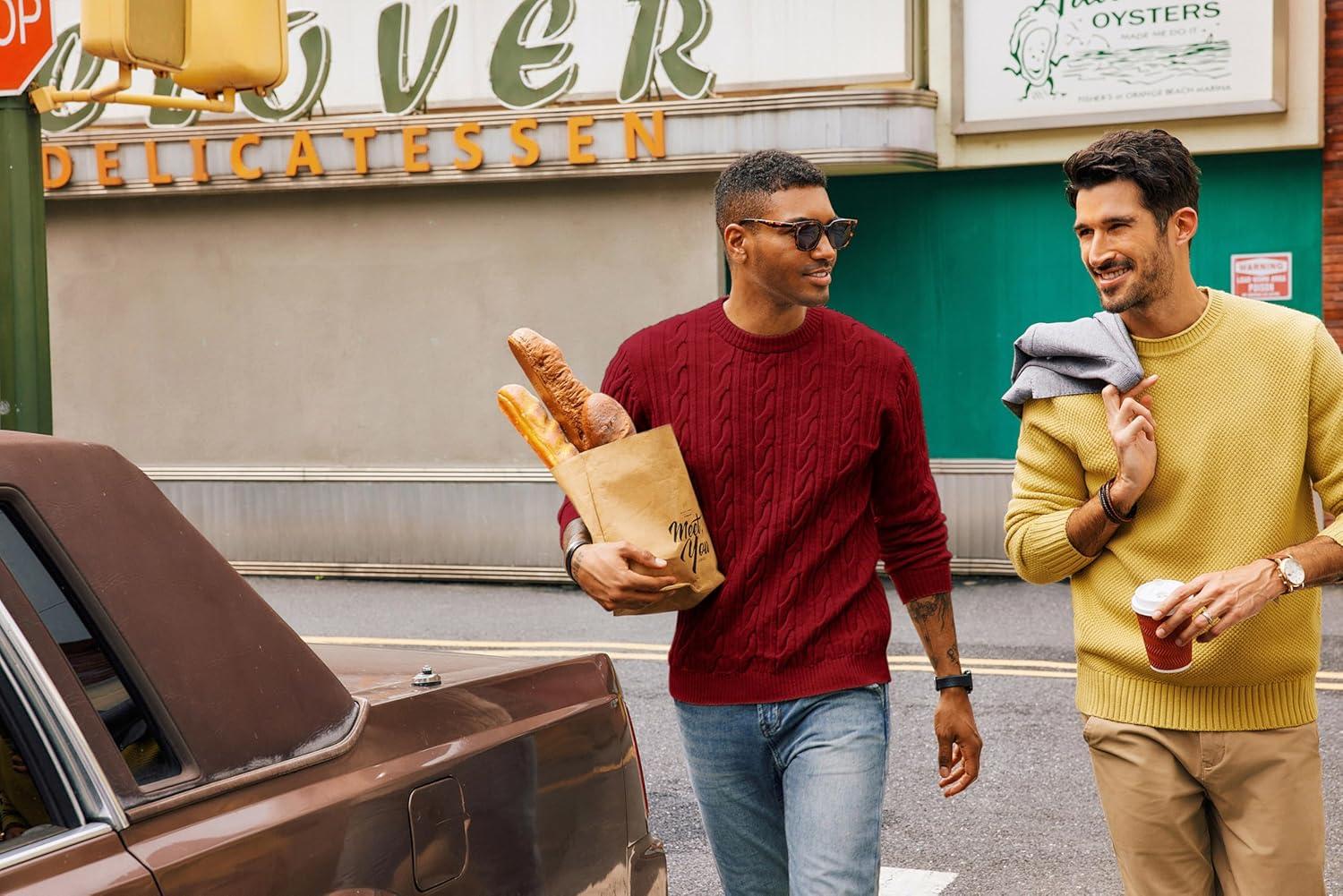 imagePJ PAUL JONES Mens Sweater Crewneck Cable Knit Pullover Sweater Casual Twist Textured SweatersBurgundy