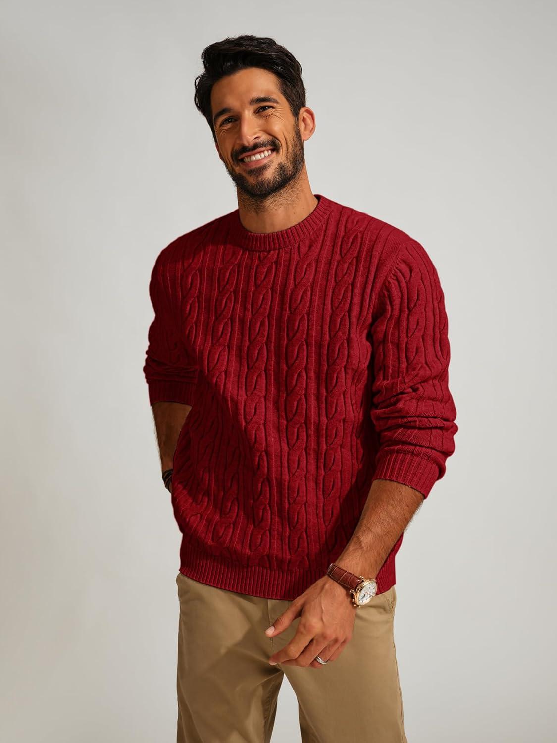imagePJ PAUL JONES Mens Sweater Crewneck Cable Knit Pullover Sweater Casual Twist Textured SweatersBurgundy