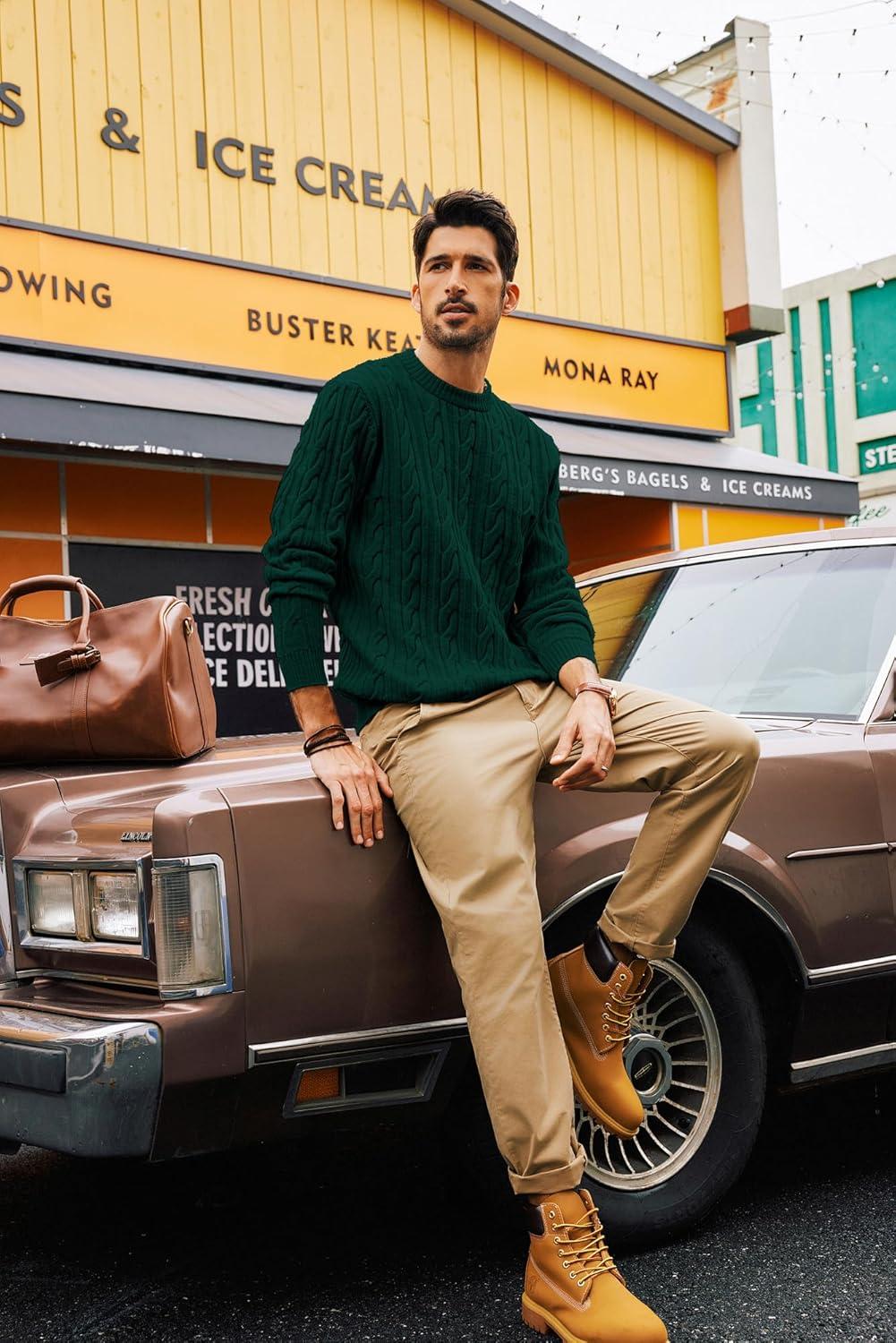 imagePJ PAUL JONES Mens Sweater Crewneck Cable Knit Pullover Sweater Casual Twist Textured SweatersDark Green