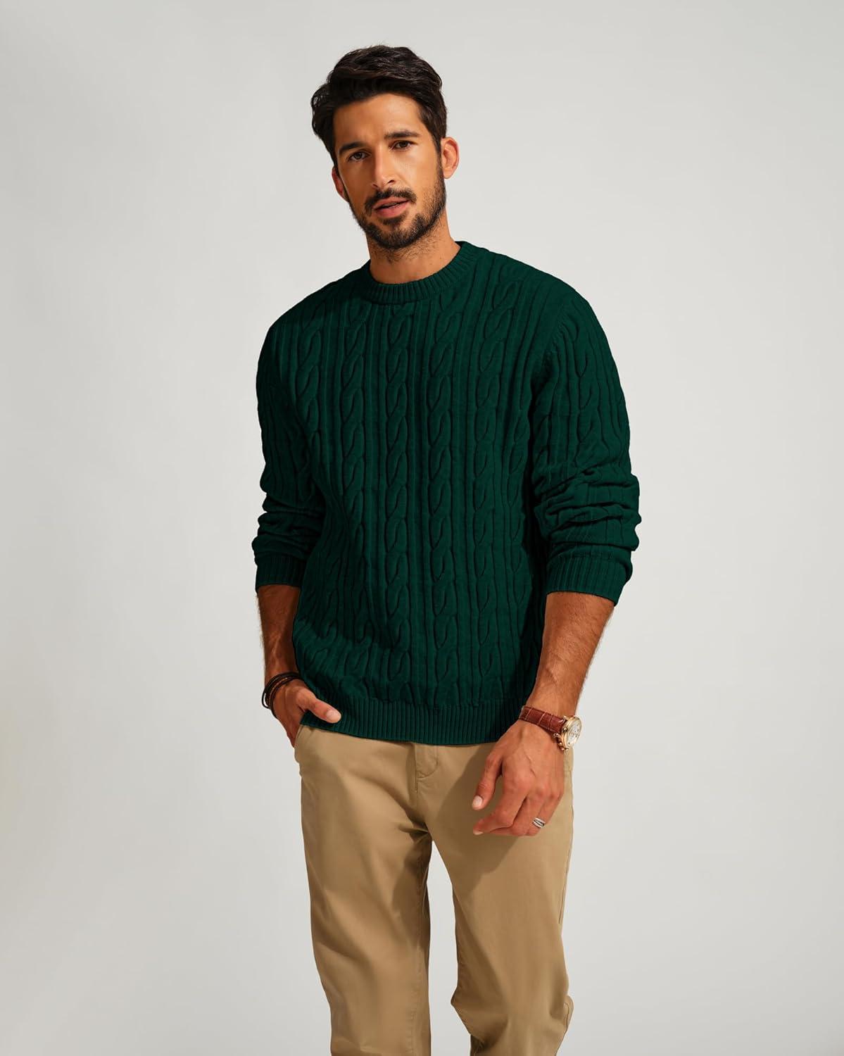 imagePJ PAUL JONES Mens Sweater Crewneck Cable Knit Pullover Sweater Casual Twist Textured SweatersDark Green