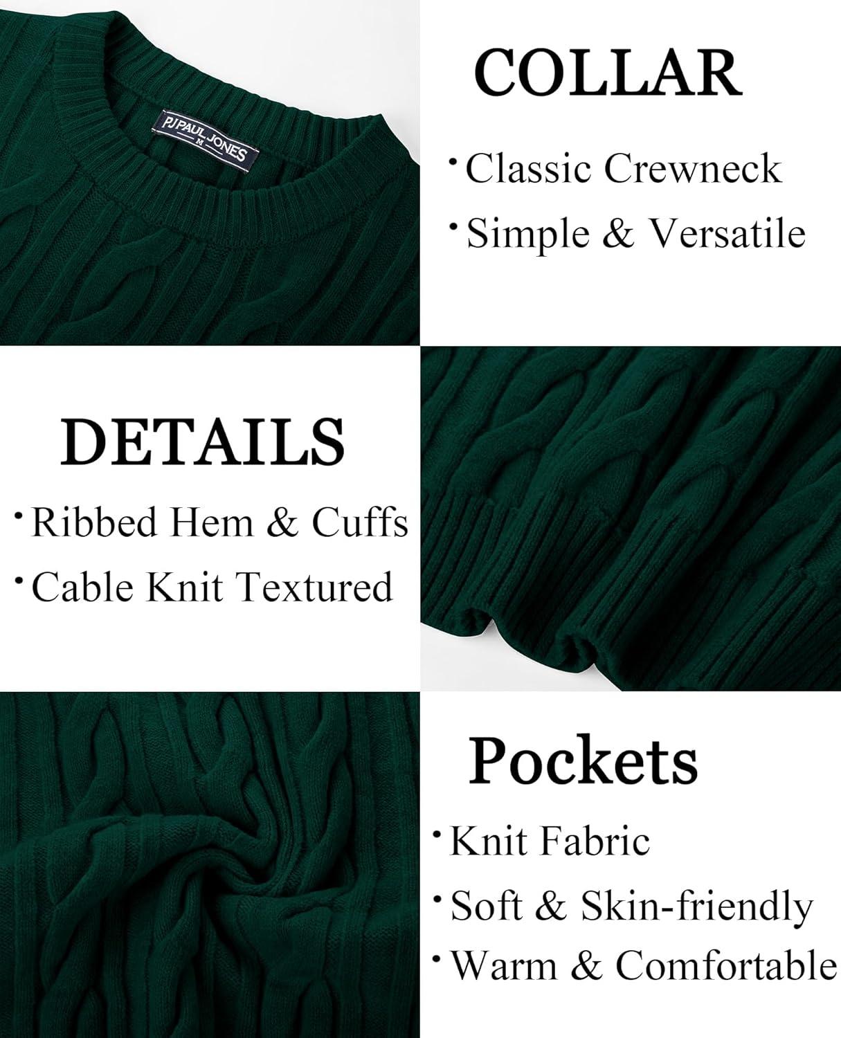 imagePJ PAUL JONES Mens Sweater Crewneck Cable Knit Pullover Sweater Casual Twist Textured SweatersDark Green