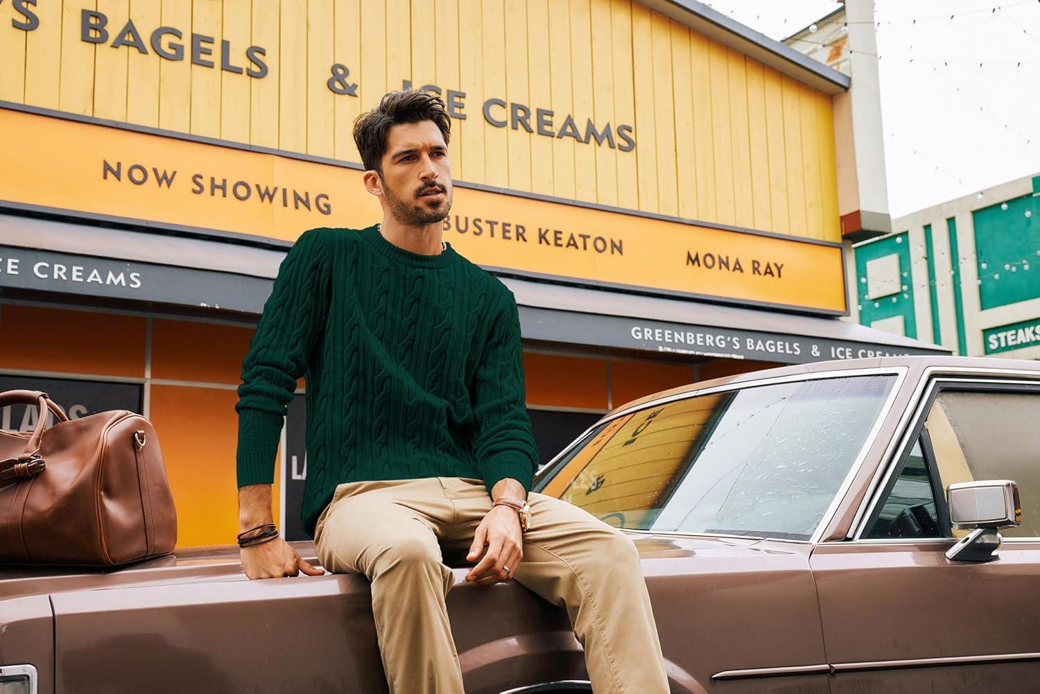 imagePJ PAUL JONES Mens Sweater Crewneck Cable Knit Pullover Sweater Casual Twist Textured SweatersDark Green