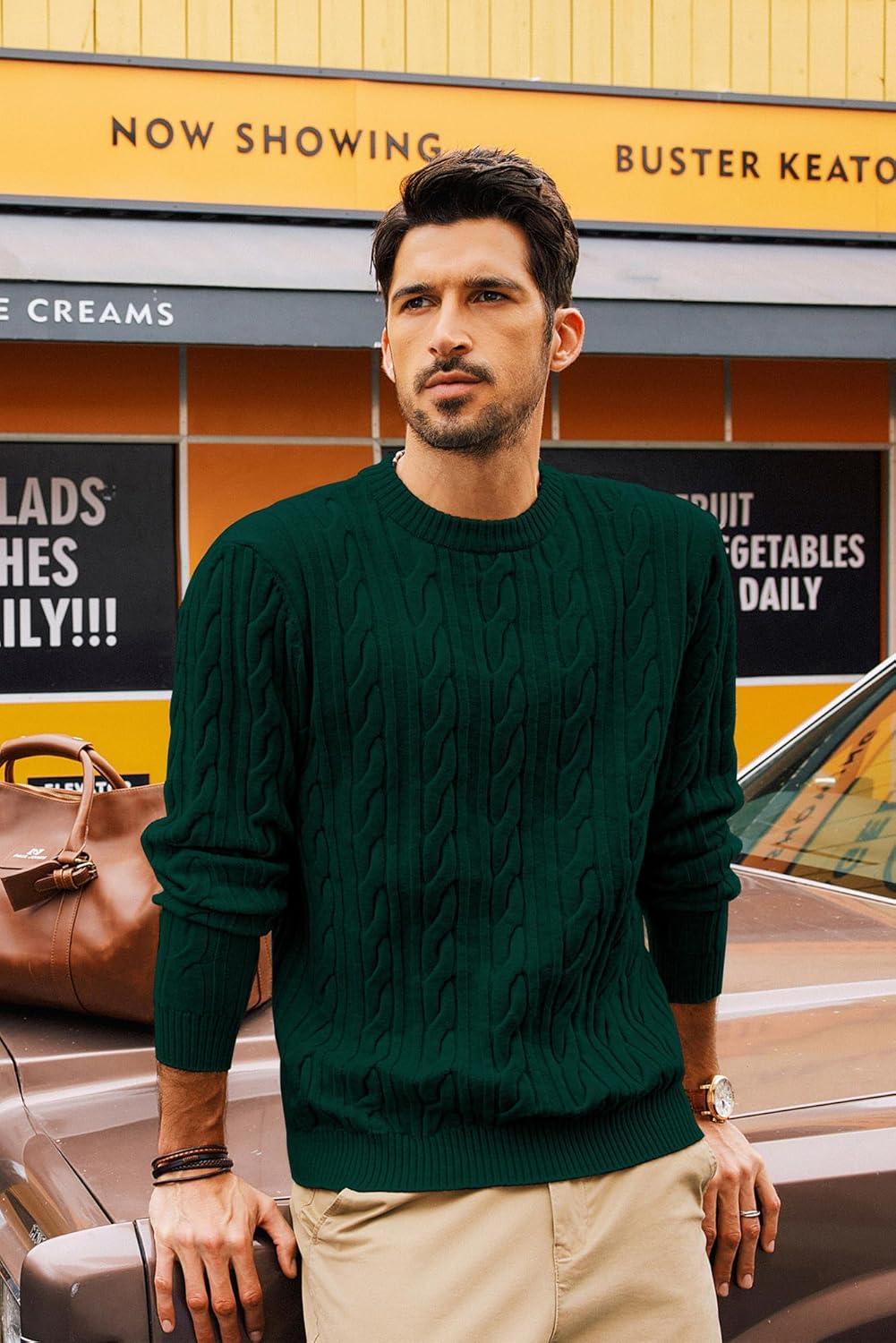 imagePJ PAUL JONES Mens Sweater Crewneck Cable Knit Pullover Sweater Casual Twist Textured SweatersDark Green