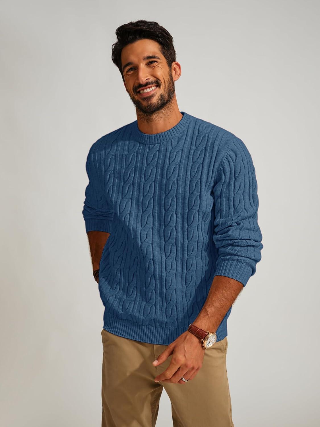 imagePJ PAUL JONES Mens Sweater Crewneck Cable Knit Pullover Sweater Casual Twist Textured SweatersGray Blue