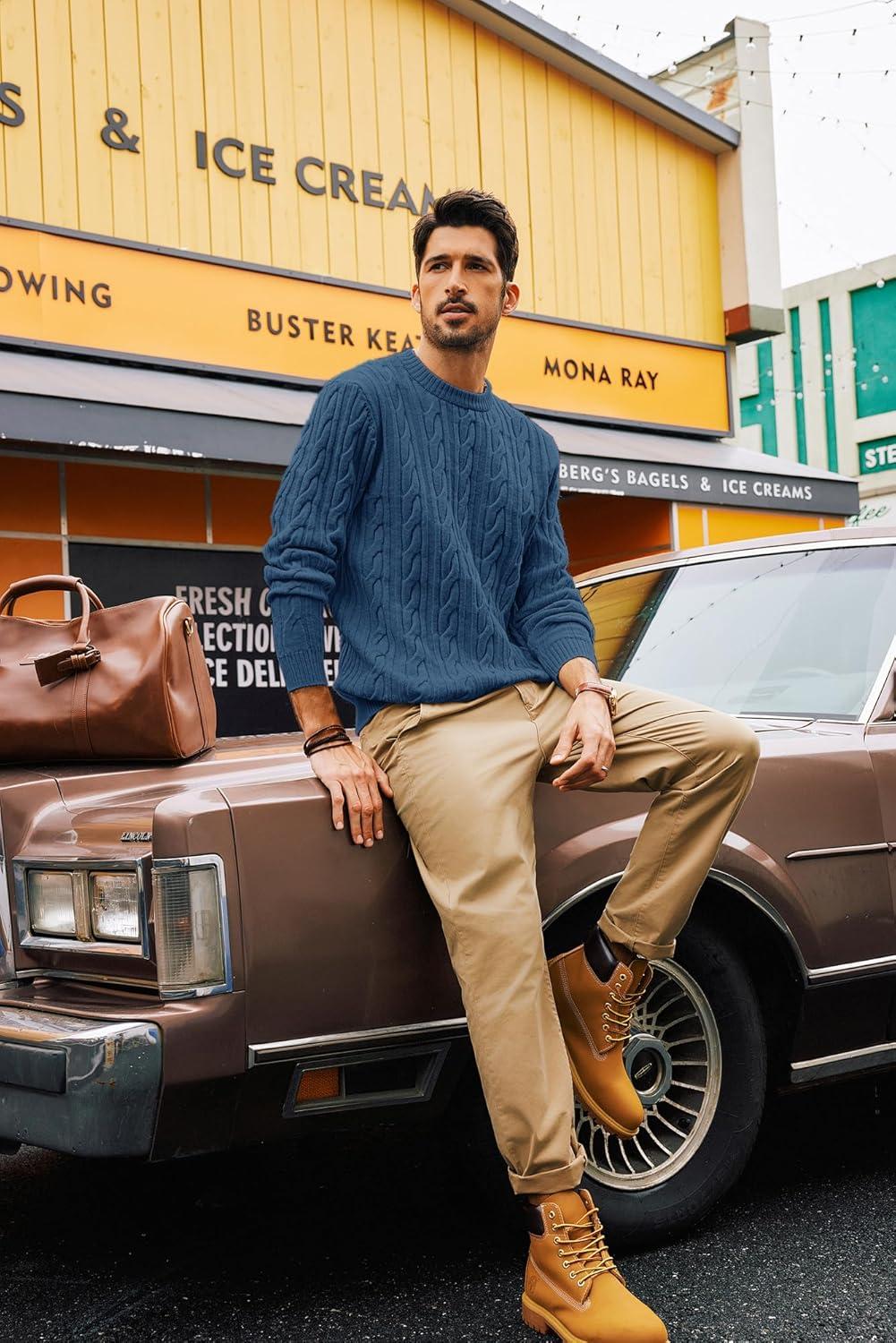 imagePJ PAUL JONES Mens Sweater Crewneck Cable Knit Pullover Sweater Casual Twist Textured SweatersGray Blue