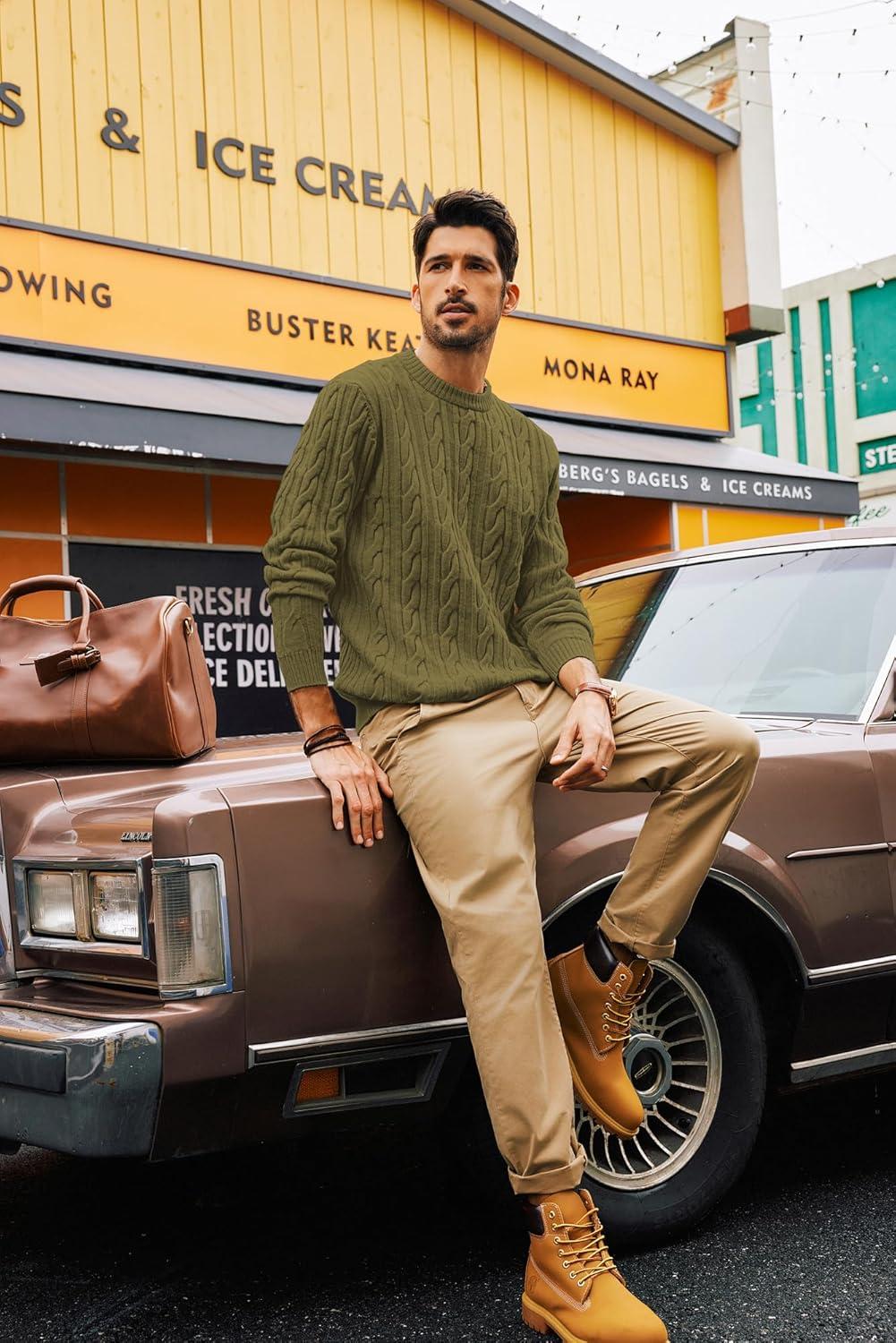 imagePJ PAUL JONES Mens Sweater Crewneck Cable Knit Pullover Sweater Casual Twist Textured SweatersLight Green