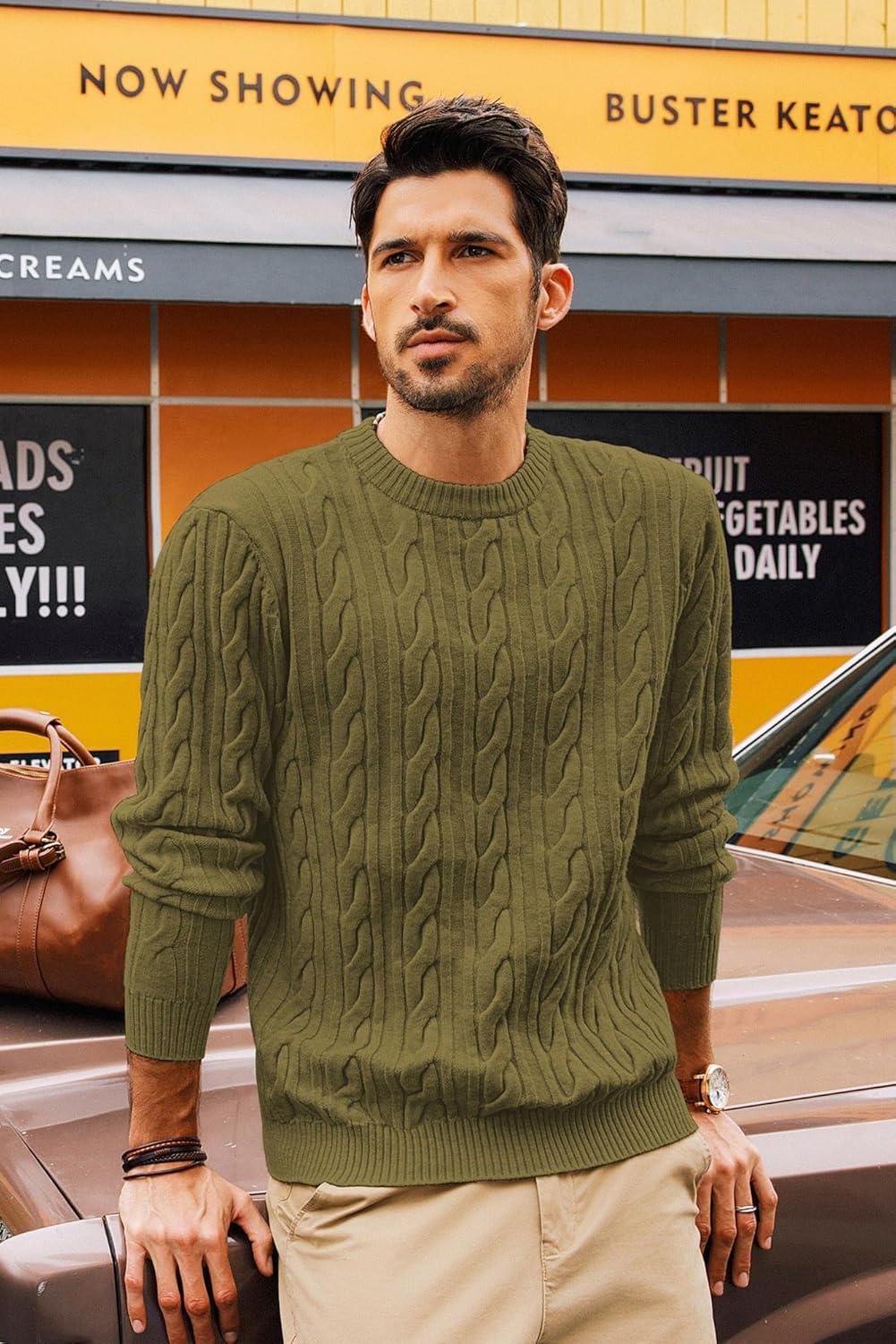 imagePJ PAUL JONES Mens Sweater Crewneck Cable Knit Pullover Sweater Casual Twist Textured SweatersLight Green