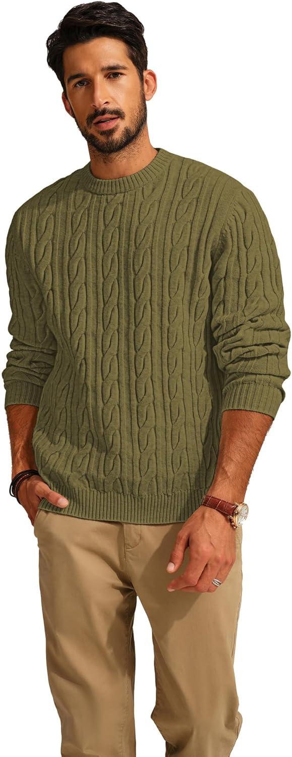 imagePJ PAUL JONES Mens Sweater Crewneck Cable Knit Pullover Sweater Casual Twist Textured SweatersLight Green