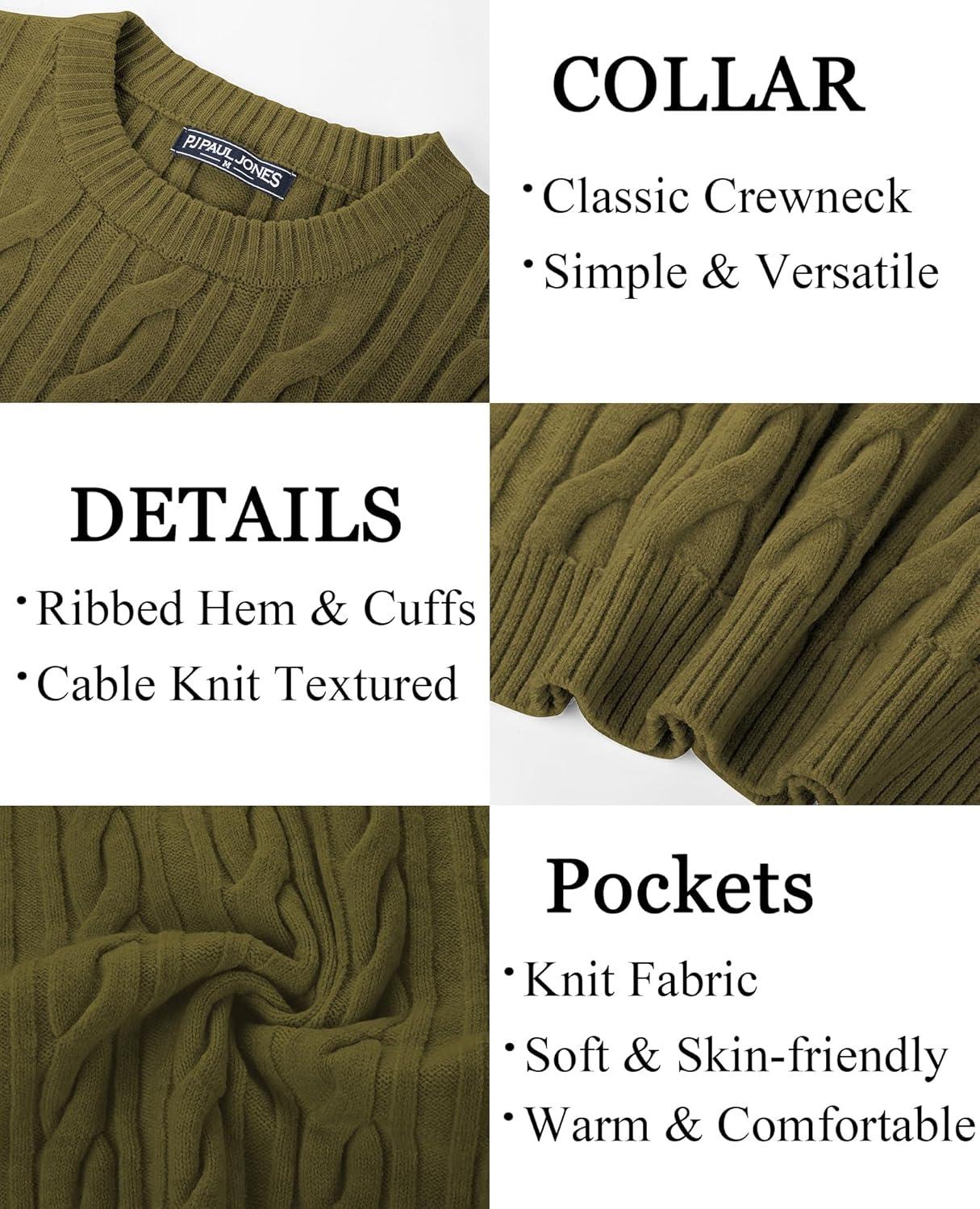 imagePJ PAUL JONES Mens Sweater Crewneck Cable Knit Pullover Sweater Casual Twist Textured SweatersLight Green