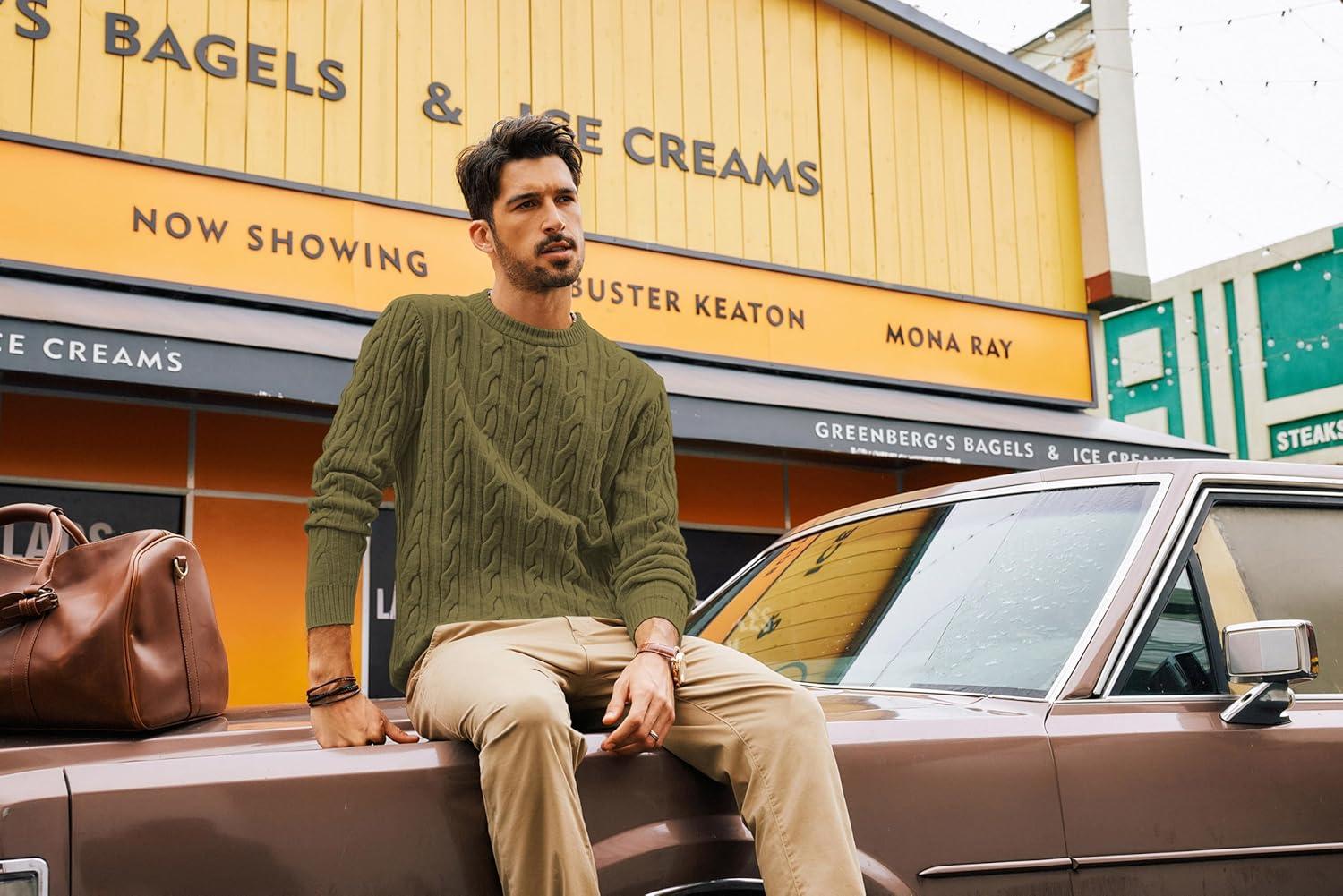 imagePJ PAUL JONES Mens Sweater Crewneck Cable Knit Pullover Sweater Casual Twist Textured SweatersLight Green