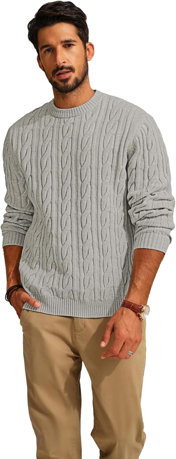imagePJ PAUL JONES Mens Sweater Crewneck Cable Knit Pullover Sweater Casual Twist Textured SweatersLight Grey