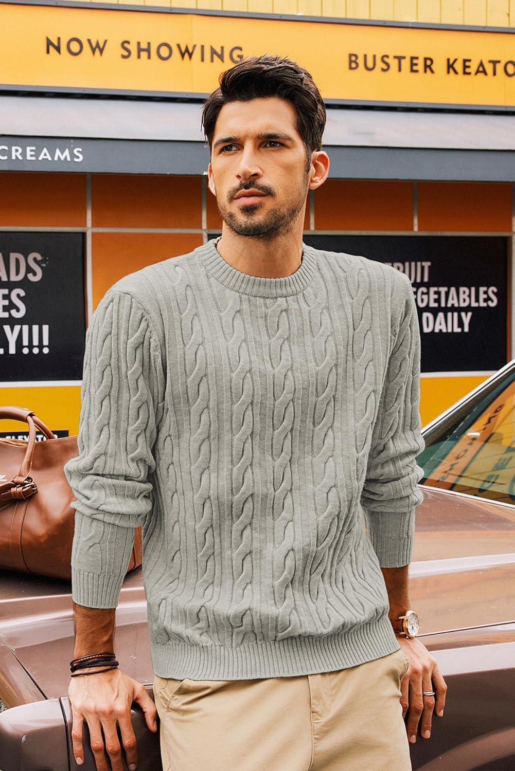 imagePJ PAUL JONES Mens Sweater Crewneck Cable Knit Pullover Sweater Casual Twist Textured SweatersLight Grey