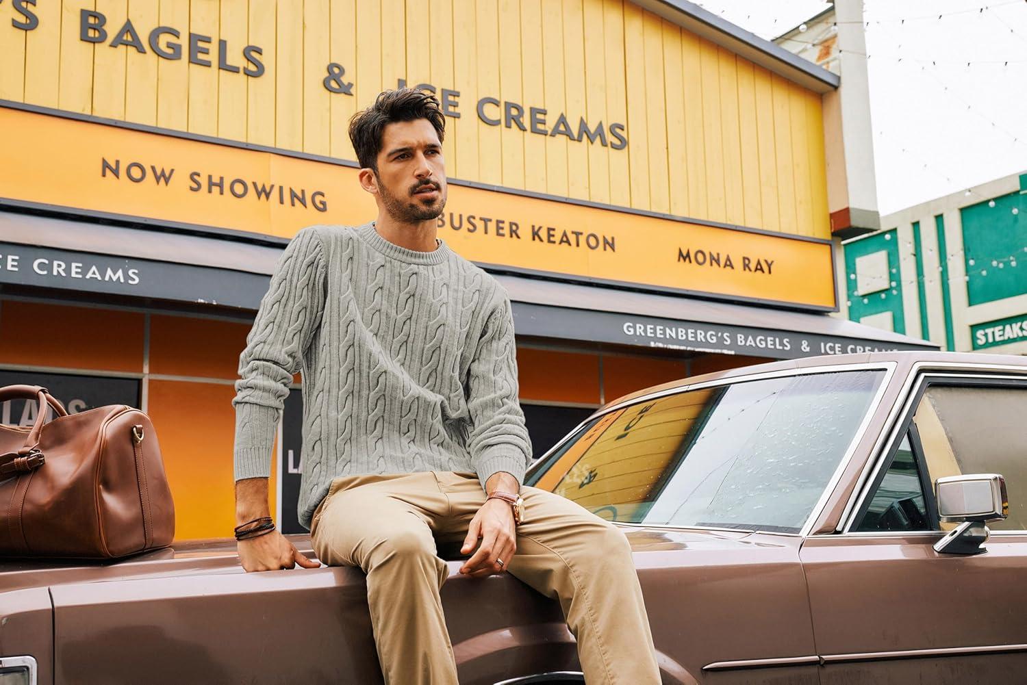 imagePJ PAUL JONES Mens Sweater Crewneck Cable Knit Pullover Sweater Casual Twist Textured SweatersLight Grey