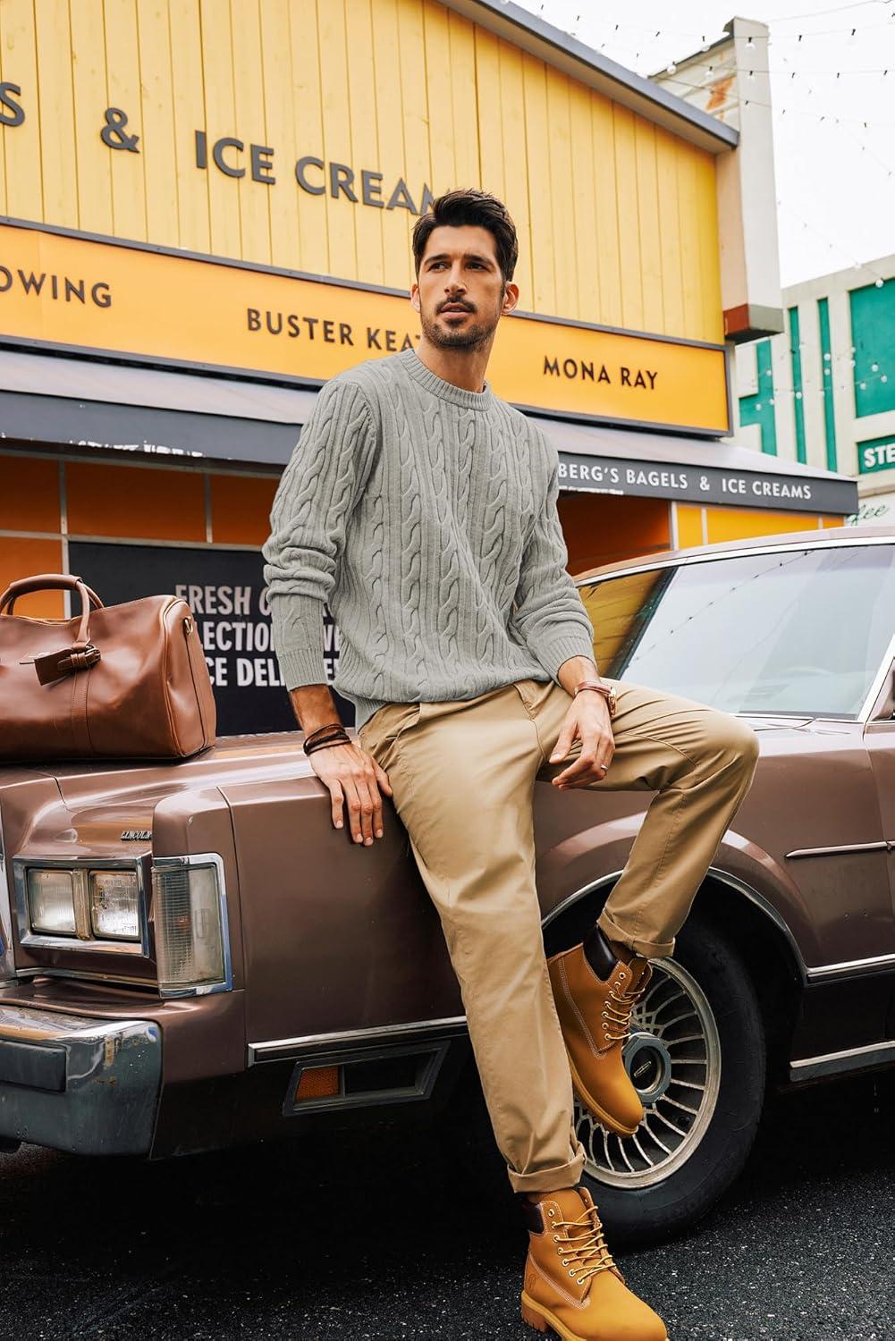 imagePJ PAUL JONES Mens Sweater Crewneck Cable Knit Pullover Sweater Casual Twist Textured SweatersLight Grey