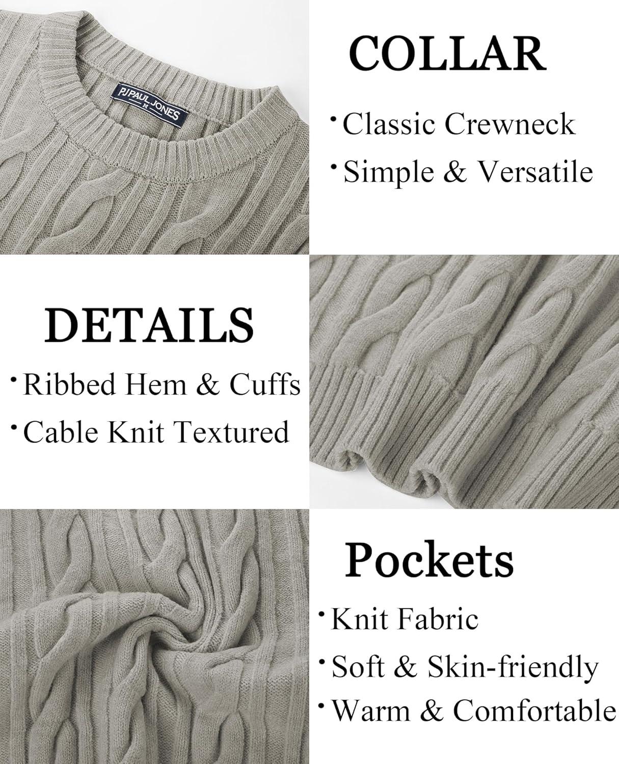 imagePJ PAUL JONES Mens Sweater Crewneck Cable Knit Pullover Sweater Casual Twist Textured SweatersLight Grey