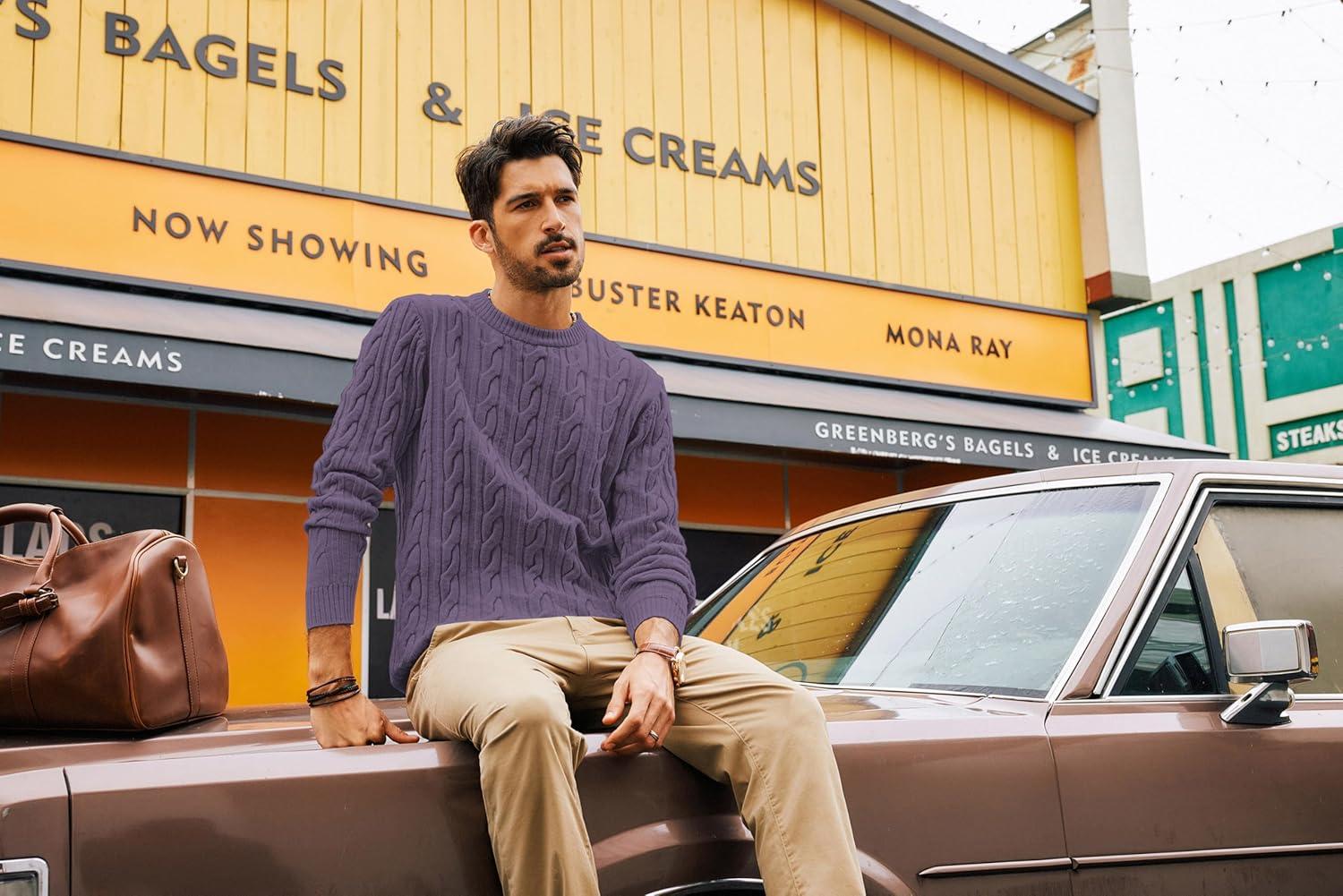 imagePJ PAUL JONES Mens Sweater Crewneck Cable Knit Pullover Sweater Casual Twist Textured SweatersPurple