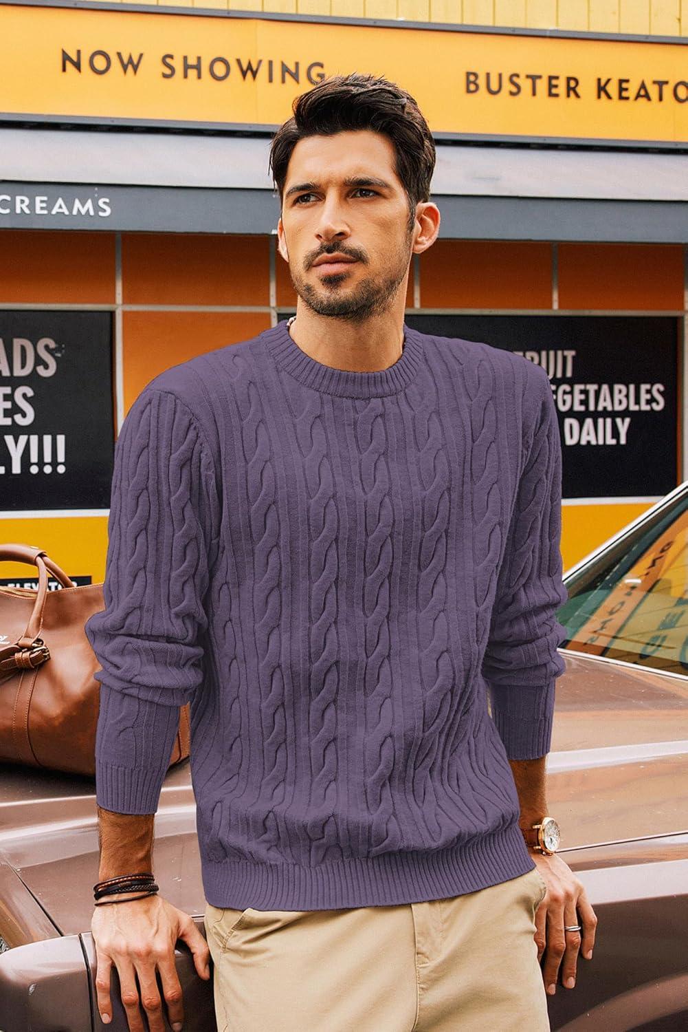 imagePJ PAUL JONES Mens Sweater Crewneck Cable Knit Pullover Sweater Casual Twist Textured SweatersPurple