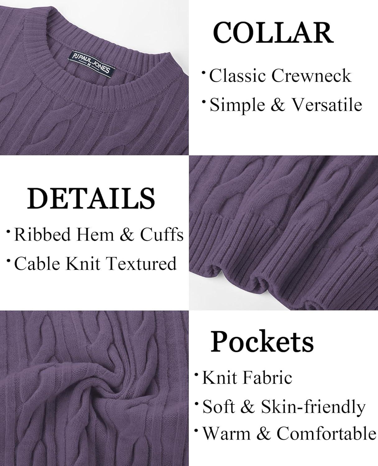 imagePJ PAUL JONES Mens Sweater Crewneck Cable Knit Pullover Sweater Casual Twist Textured SweatersPurple