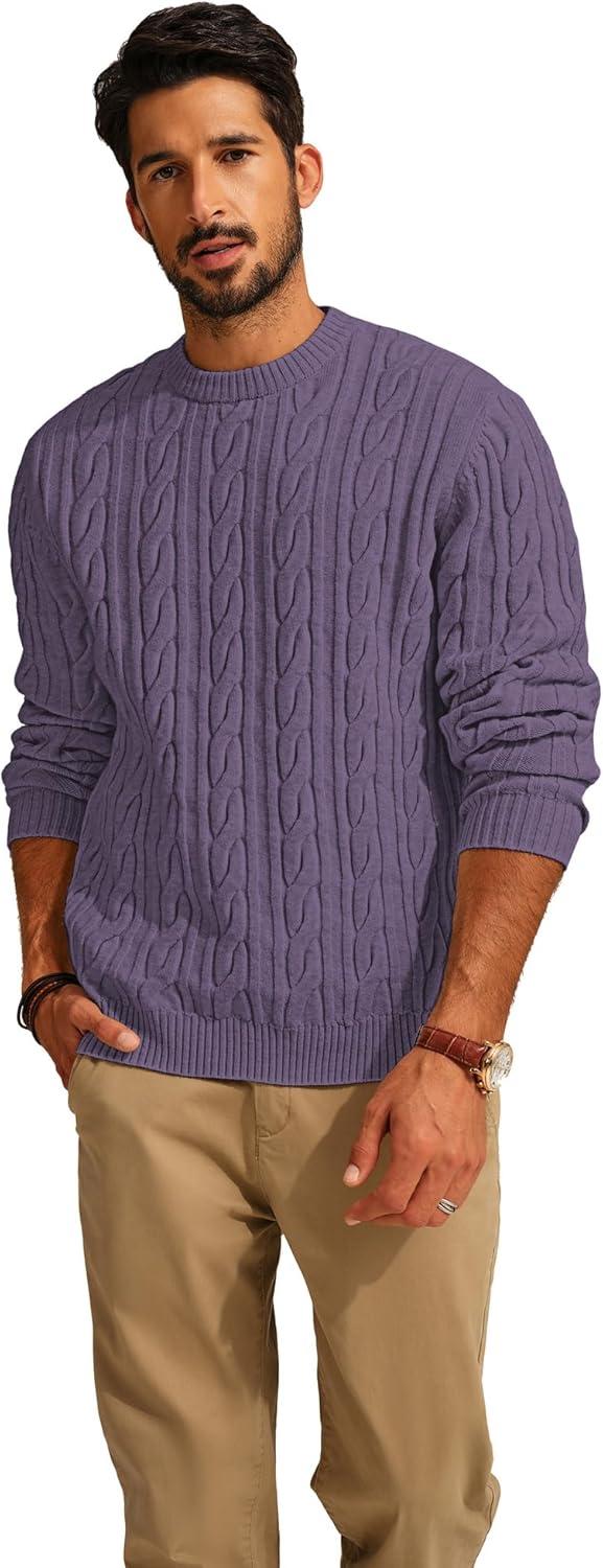 imagePJ PAUL JONES Mens Sweater Crewneck Cable Knit Pullover Sweater Casual Twist Textured SweatersPurple