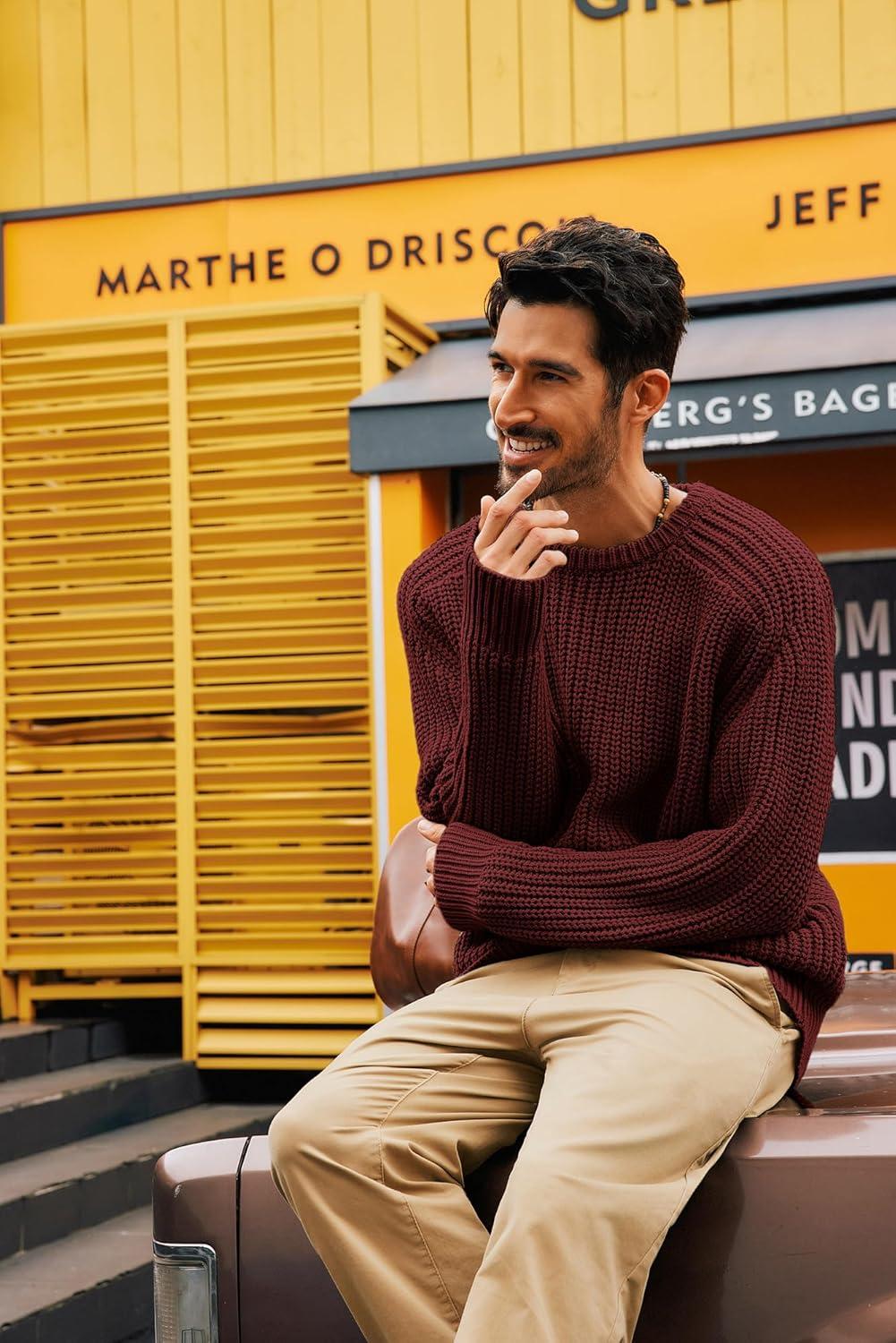 imagePJ PAUL JONES Mens Sweater Crewneck Knit Sweaters Casual Textured Pullover SweaterBurgundy