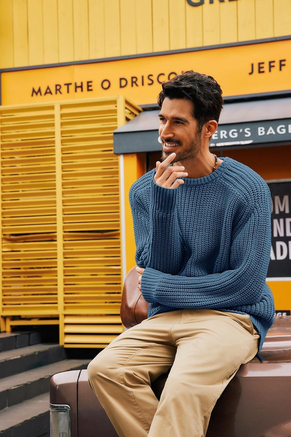 imagePJ PAUL JONES Mens Sweater Crewneck Knit Sweaters Casual Textured Pullover SweaterDenim Blue