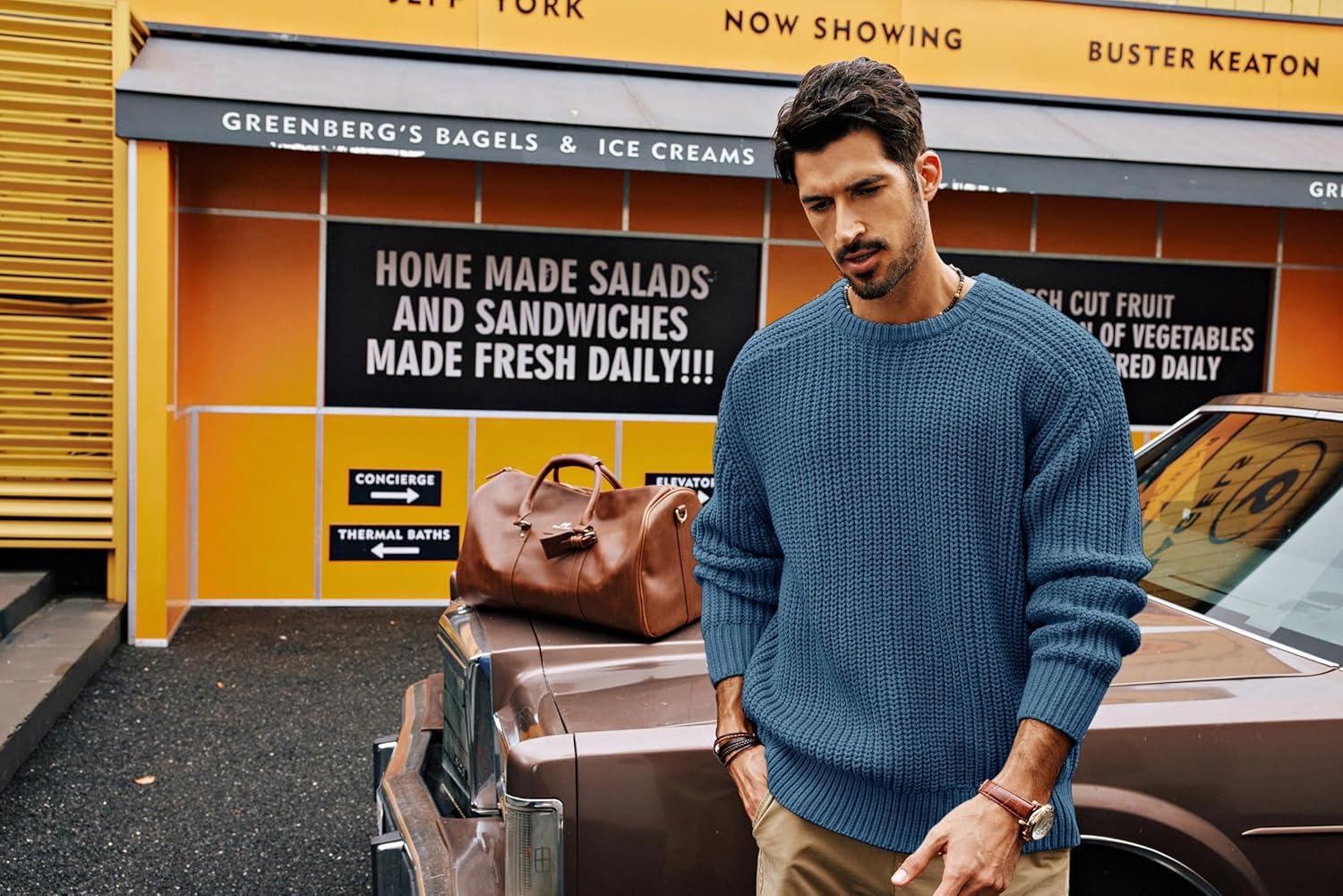 imagePJ PAUL JONES Mens Sweater Crewneck Knit Sweaters Casual Textured Pullover SweaterDenim Blue