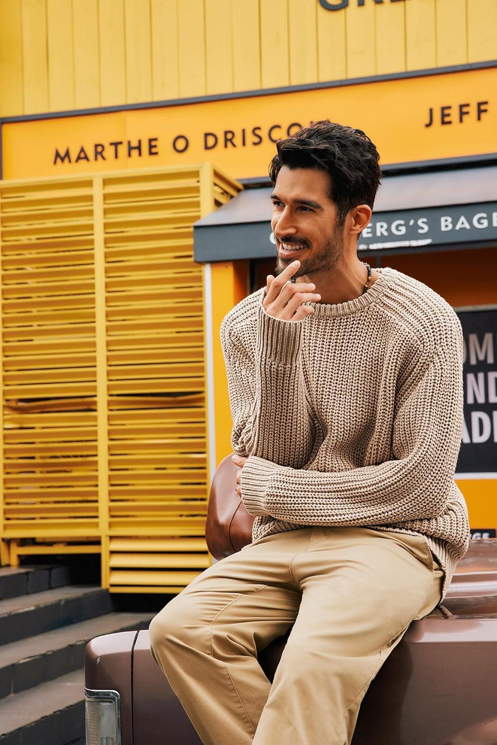 imagePJ PAUL JONES Mens Sweater Crewneck Knit Sweaters Casual Textured Pullover SweaterKhaki